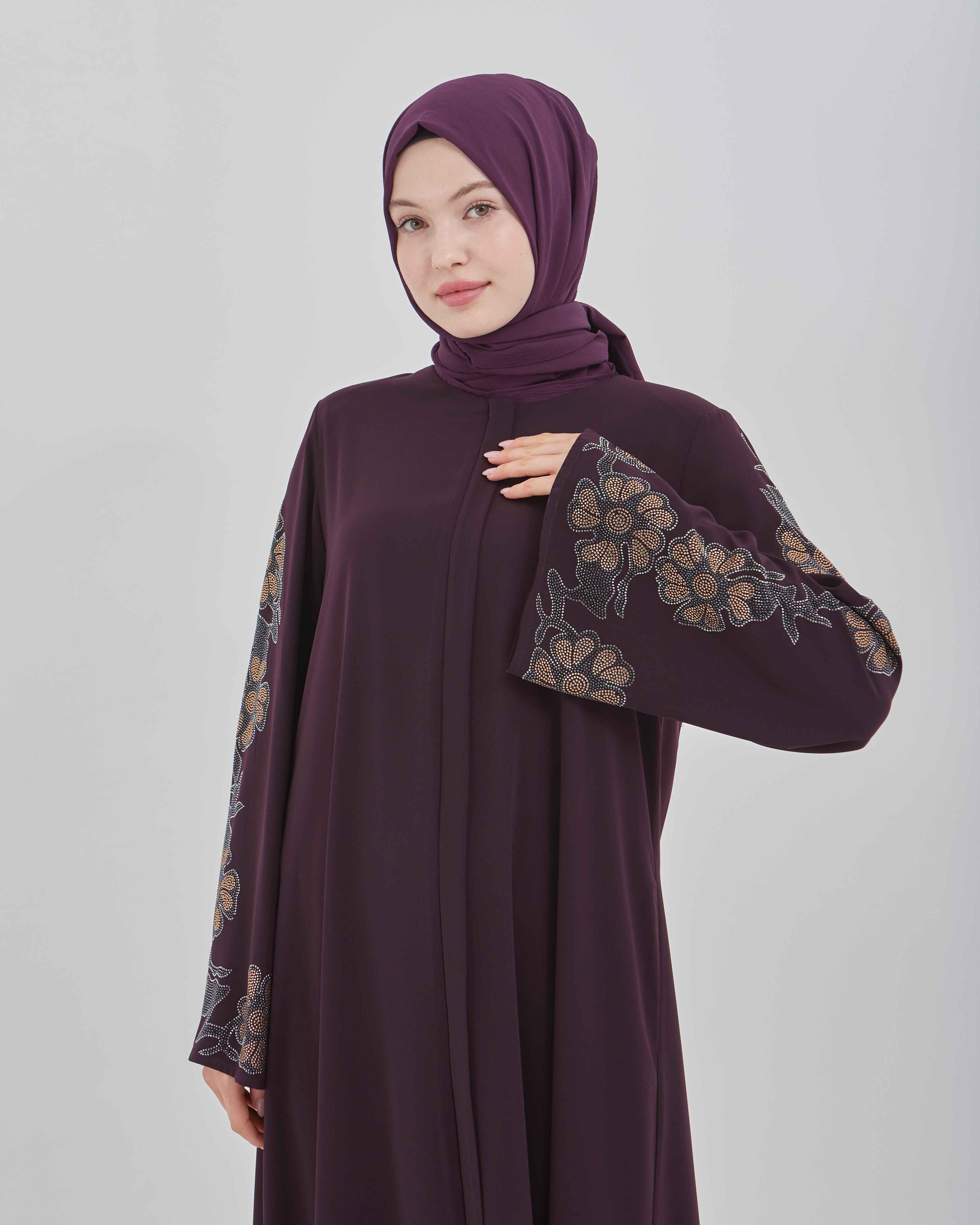 Kolları Çiçek Desenli Taş İşlemeli Valon Kollu Ferace Mürdüm | 2024108