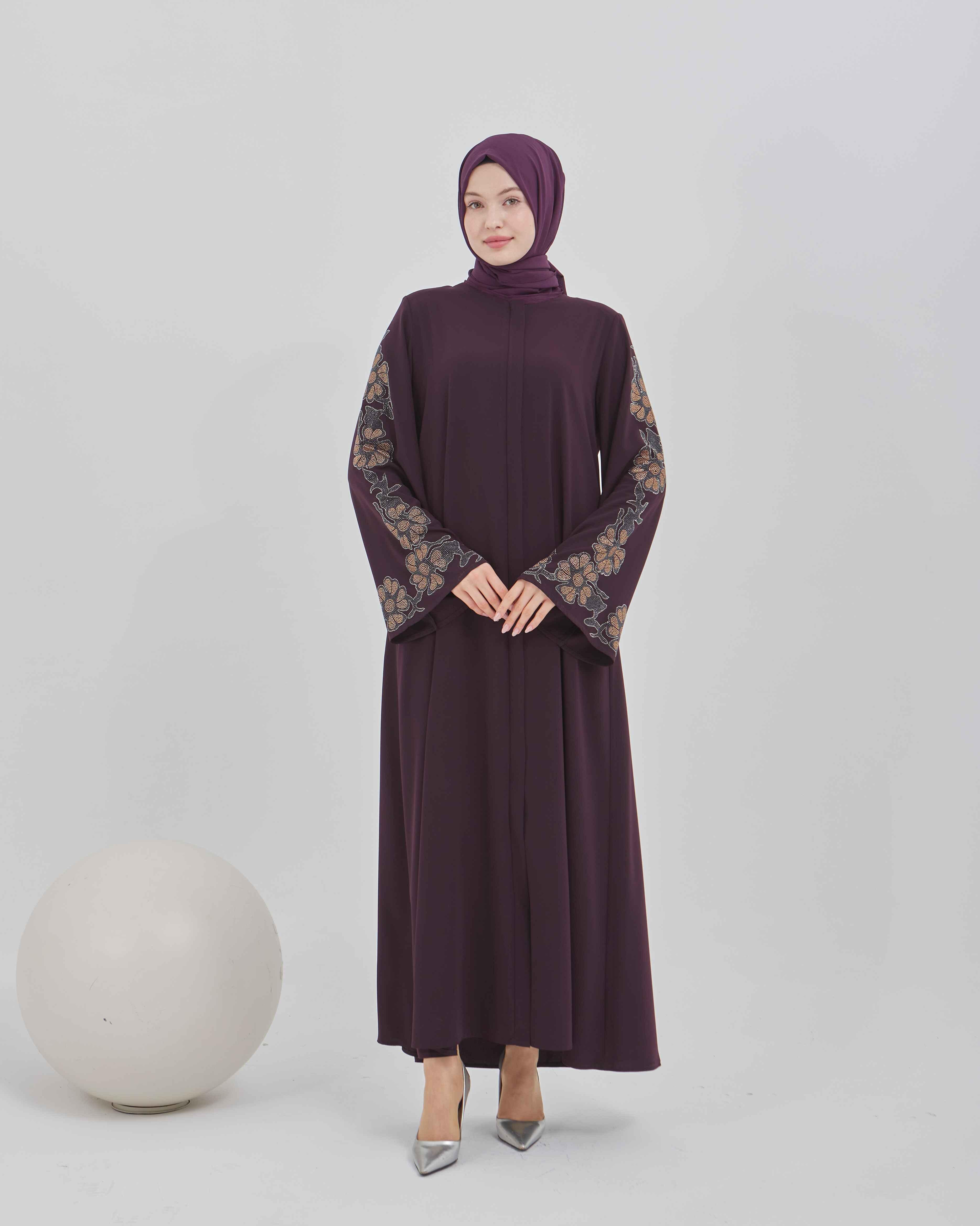 Kolları Çiçek Desenli Taş İşlemeli Valon Kollu Ferace Mürdüm | 2024108