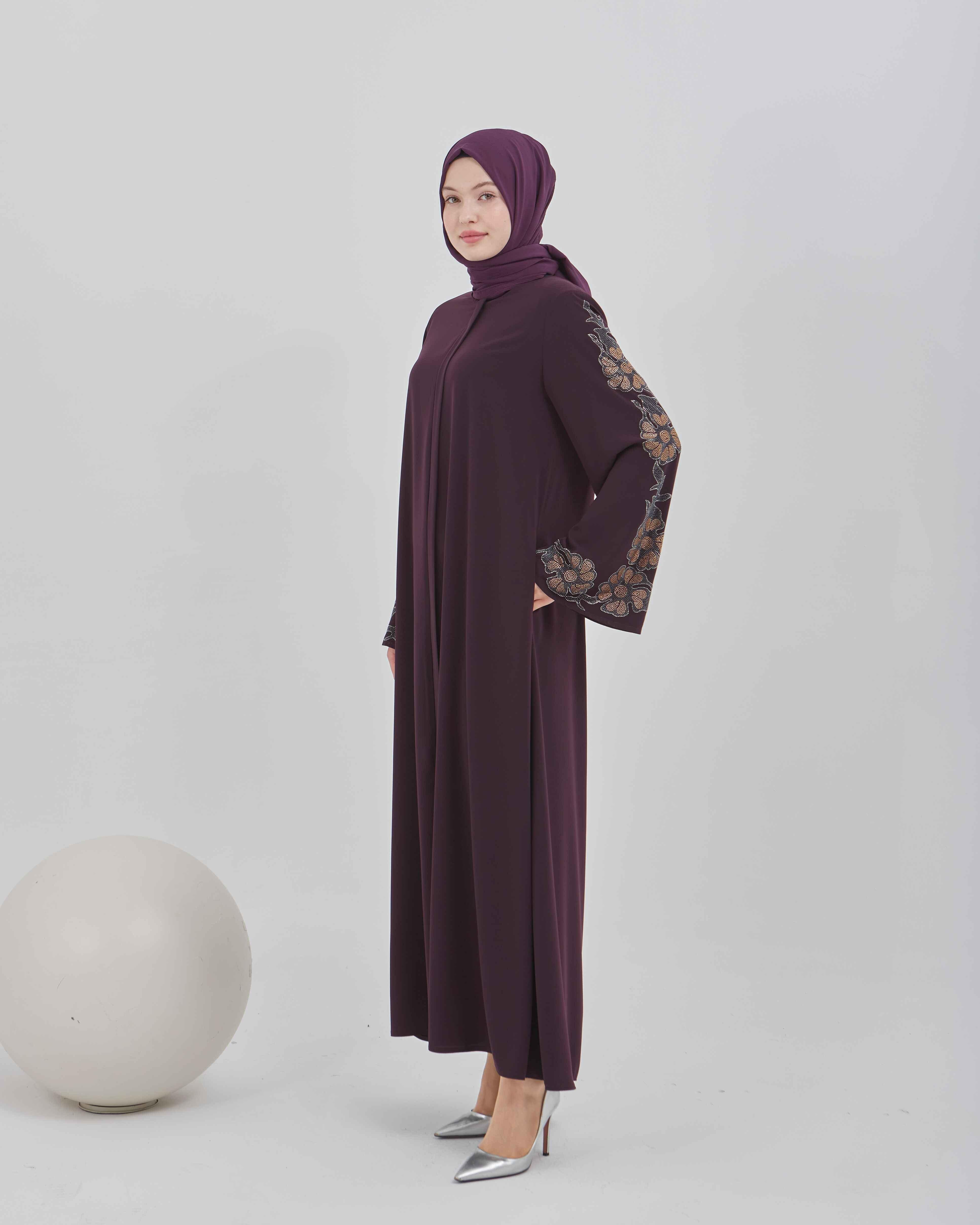 Kolları Çiçek Desenli Taş İşlemeli Valon Kollu Ferace Mürdüm | 2024108