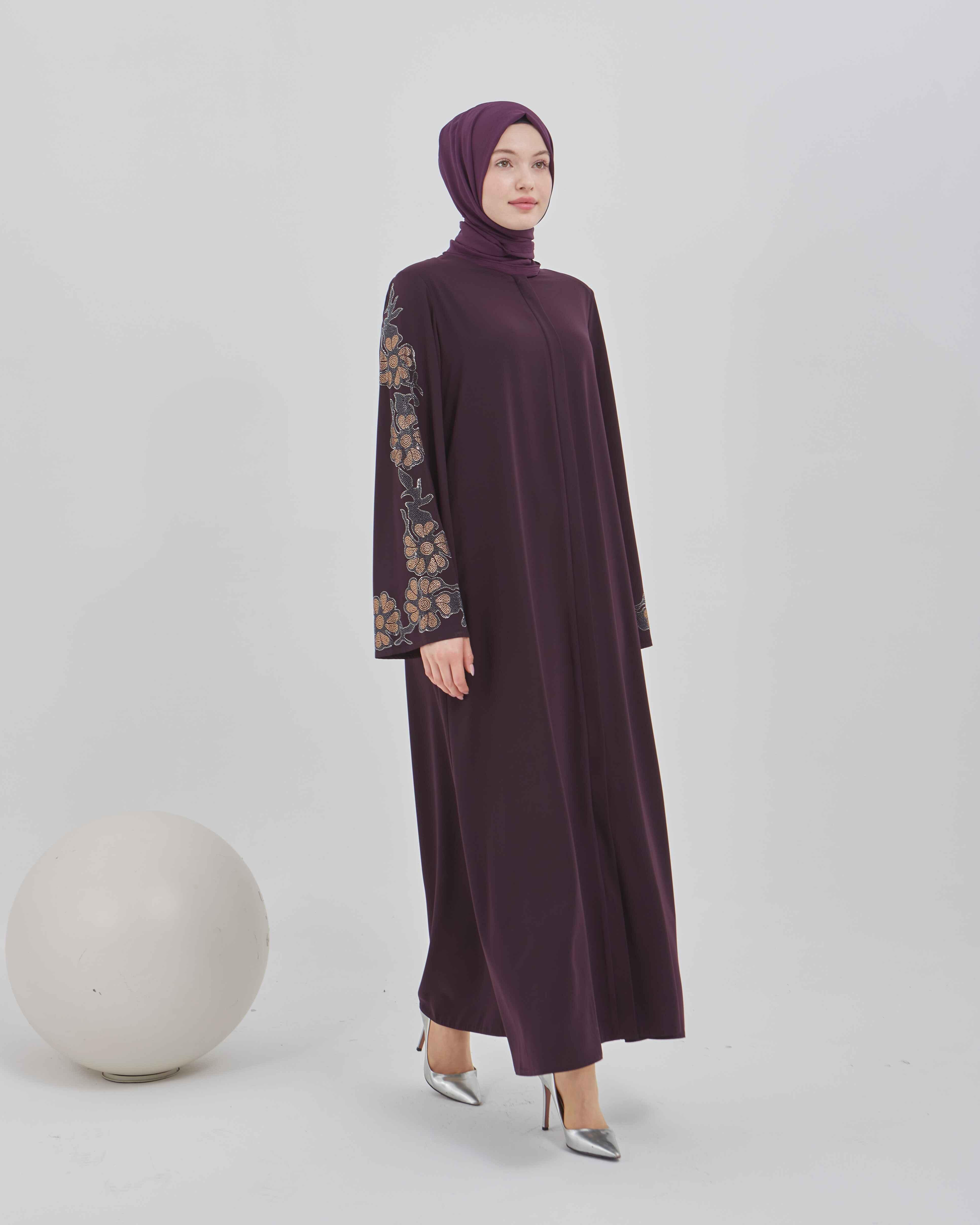 Kolları Çiçek Desenli Taş İşlemeli Valon Kollu Ferace Mürdüm | 2024108