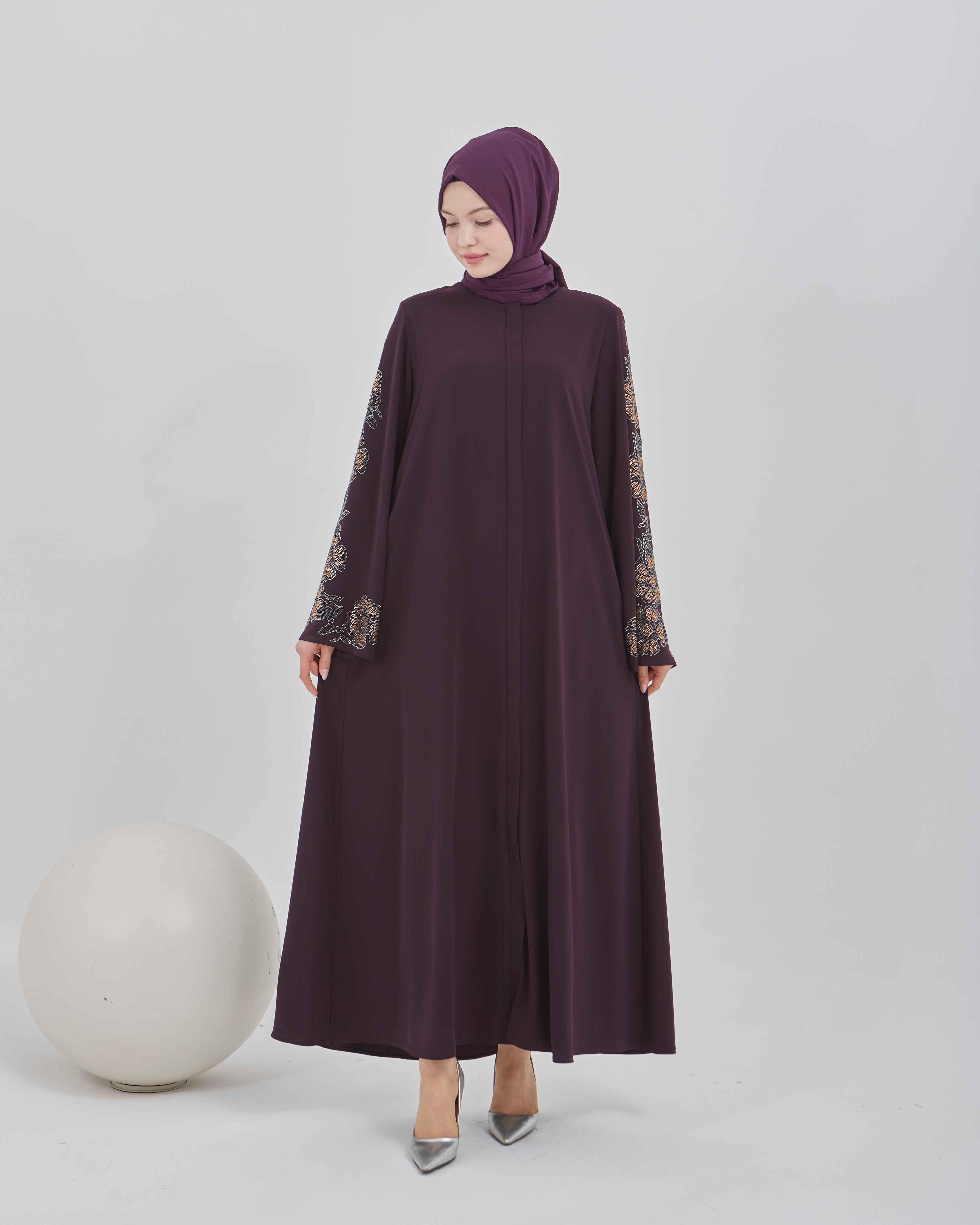 Kolları Çiçek Desenli Taş İşlemeli Valon Kollu Ferace Mürdüm | 2024108