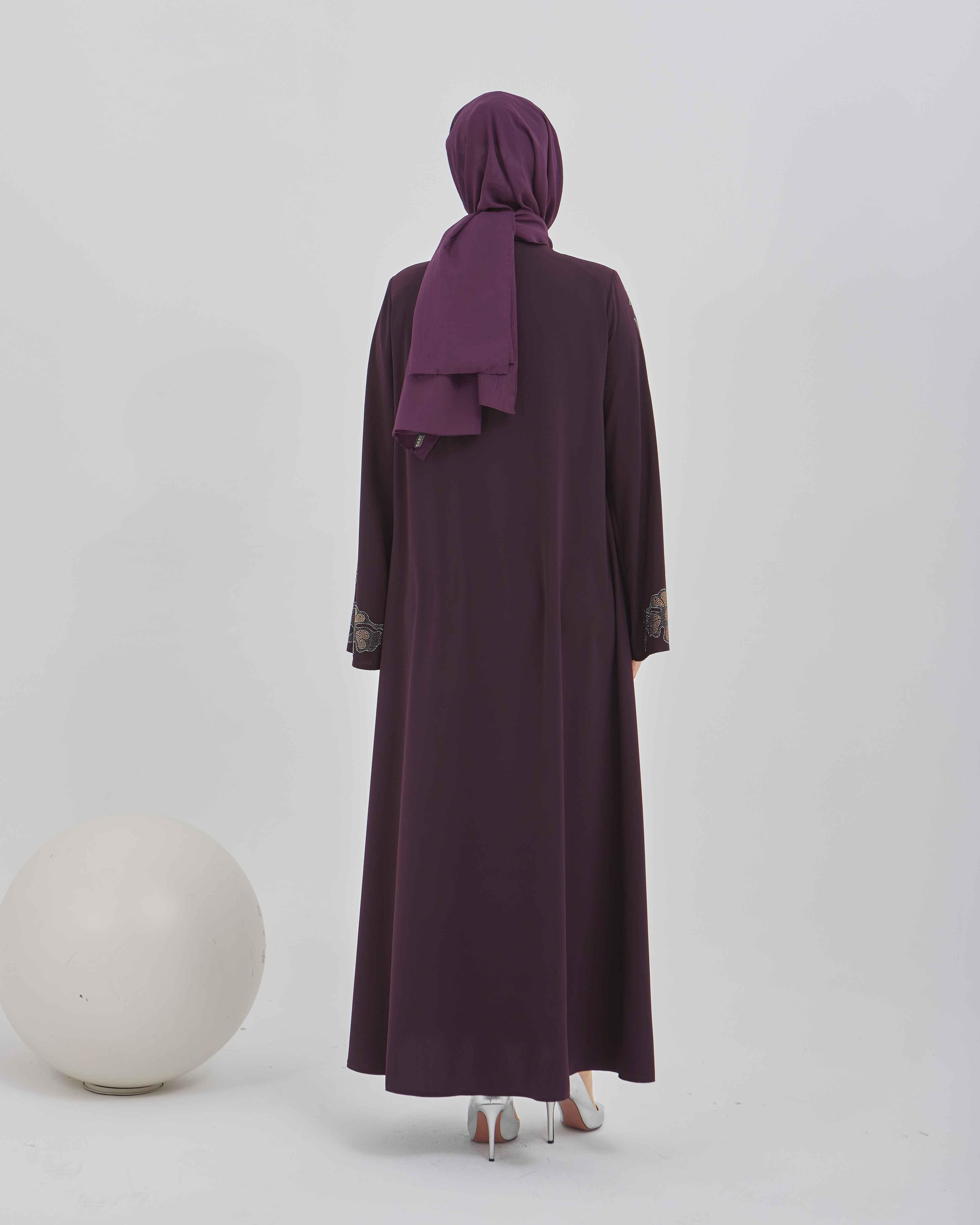 Kolları Çiçek Desenli Taş İşlemeli Valon Kollu Ferace Mürdüm | 2024108