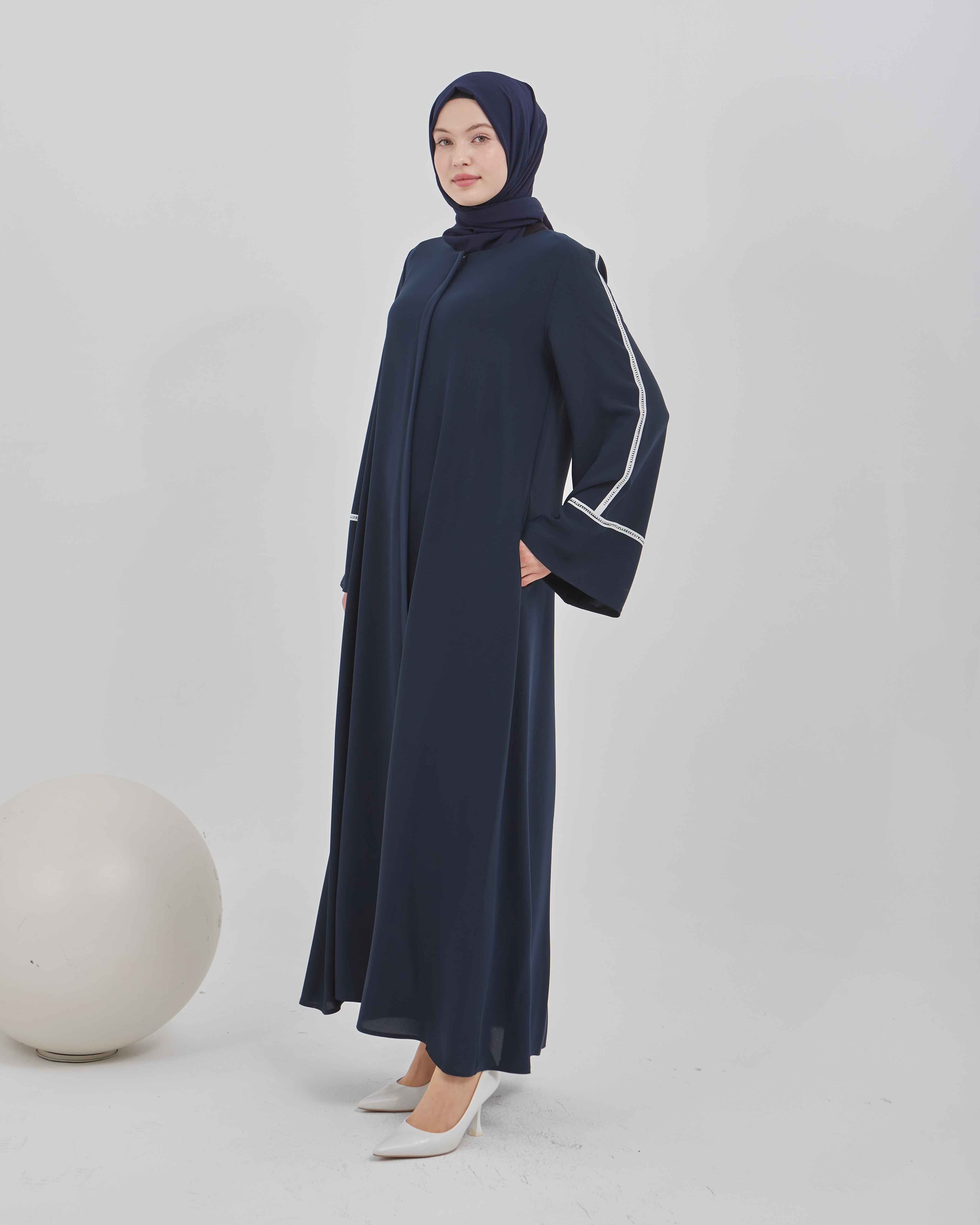 Kolları Taş Şeritli Valon Kollu Ferace Lacivert | 202495