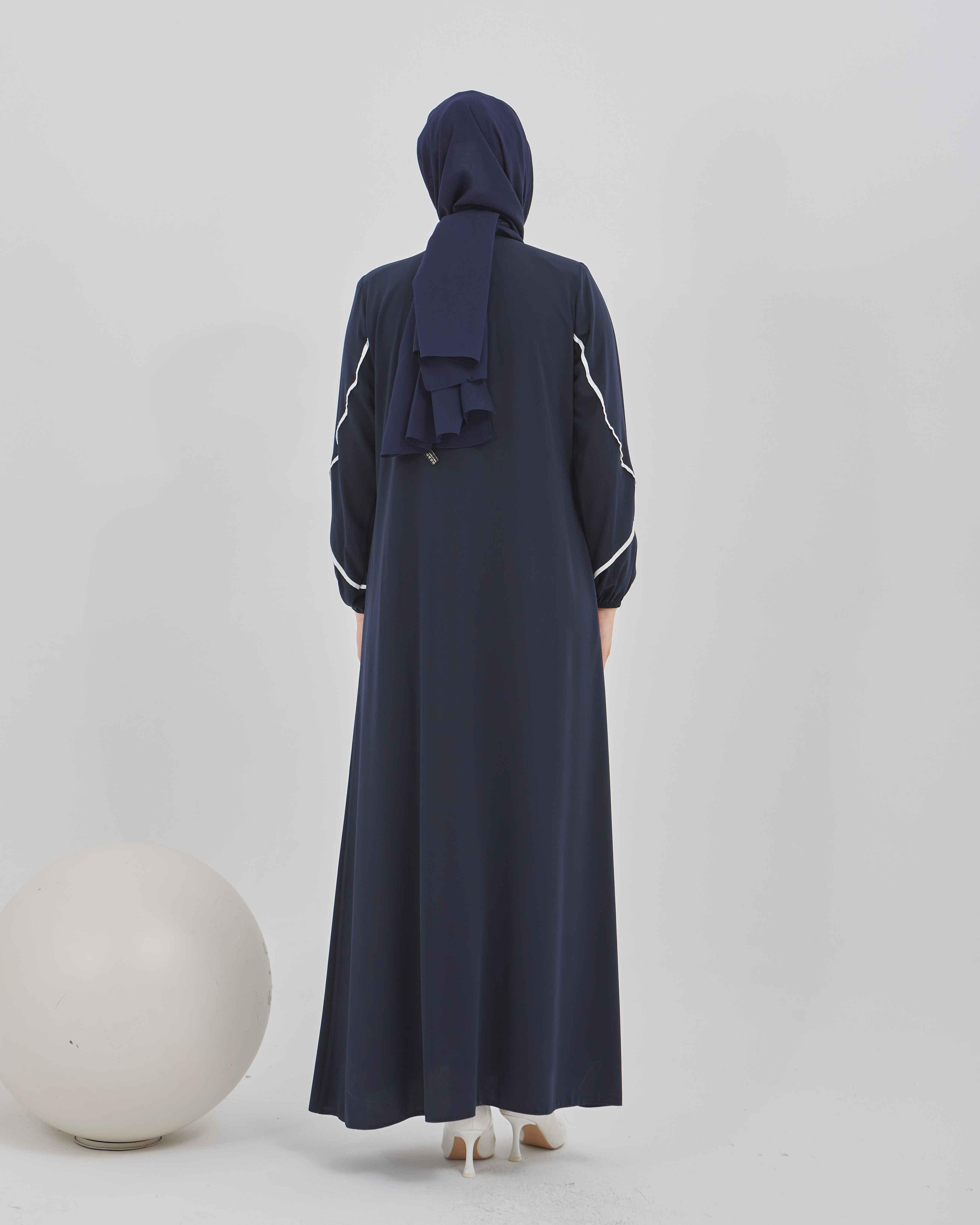 Çift Şeritli Biye Detaylı Ferace Lacivert | 21115
