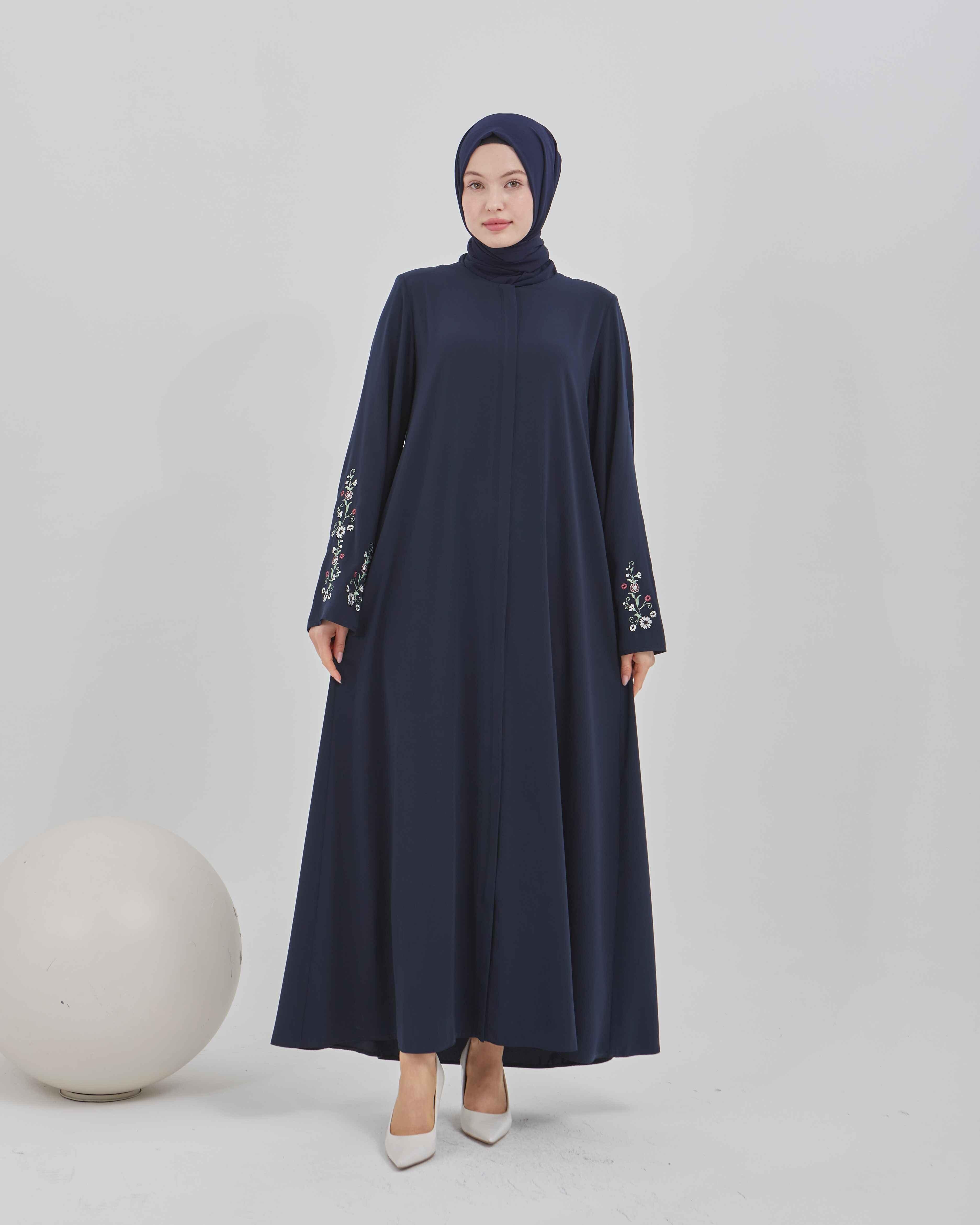 Kolları Çiçek Nakışlı Valon Kollu Ferace Lacivert | 202485