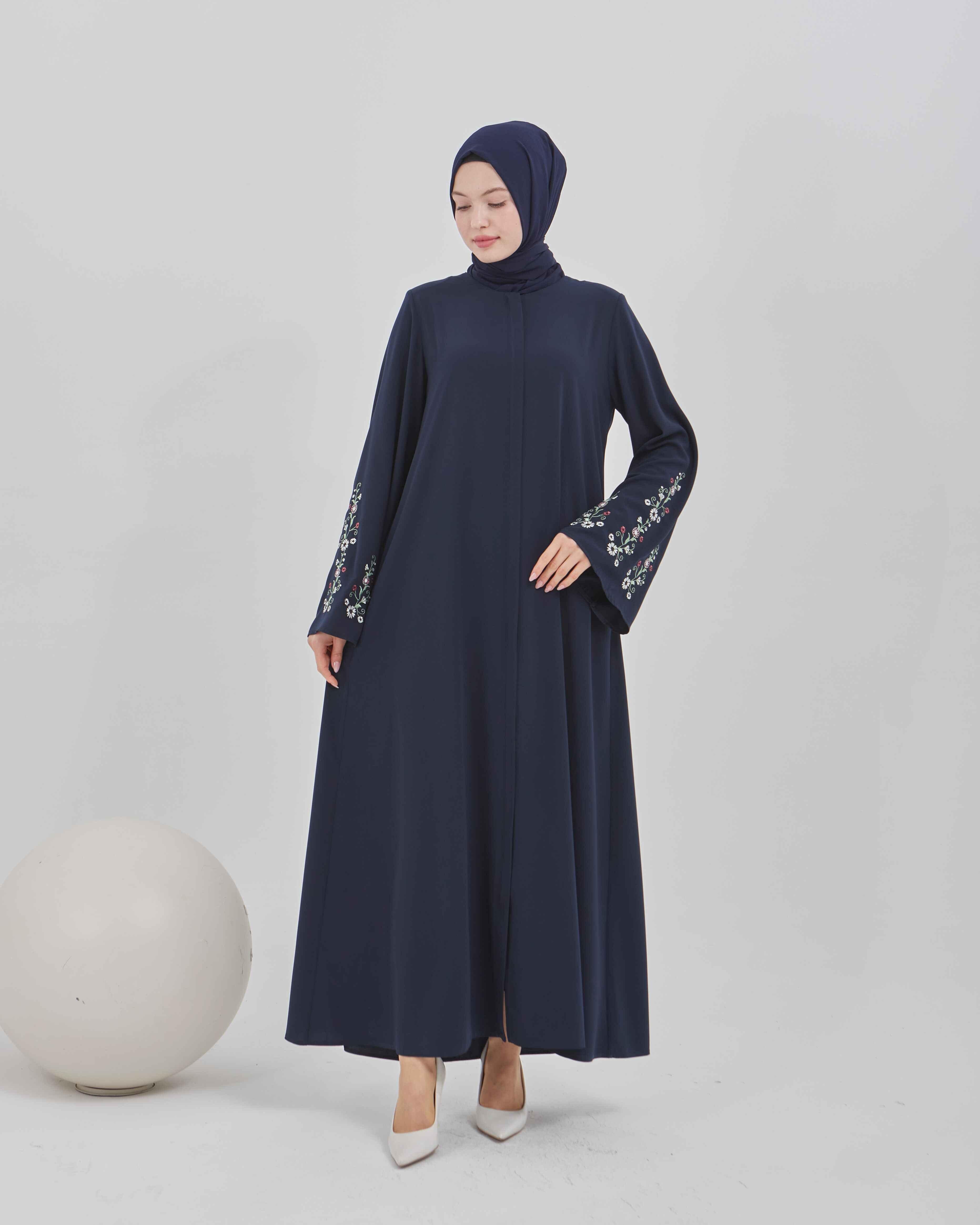 Kolları Çiçek Nakışlı Valon Kollu Ferace Lacivert | 202485