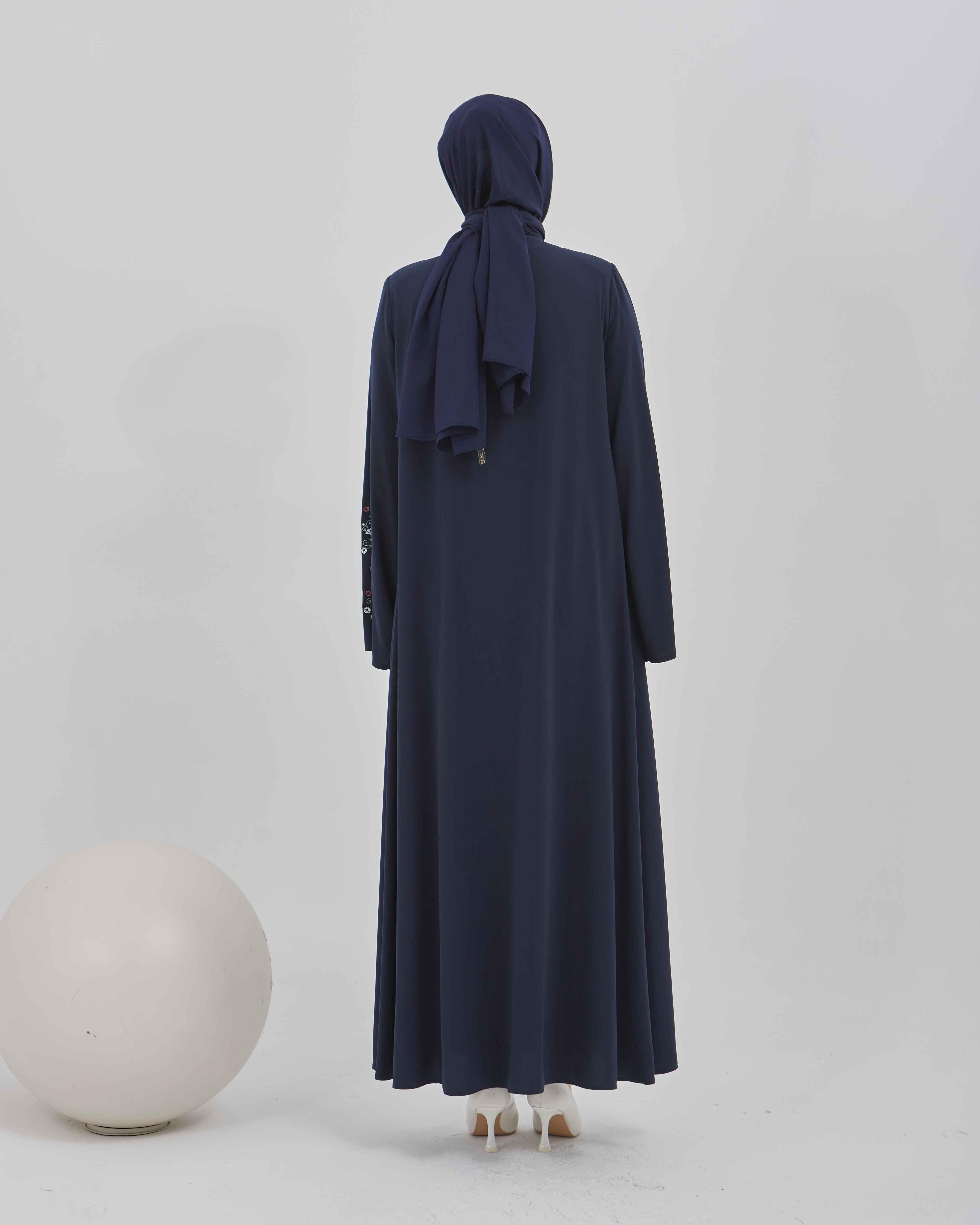 Kolları Çiçek Nakışlı Valon Kollu Ferace Lacivert | 202485