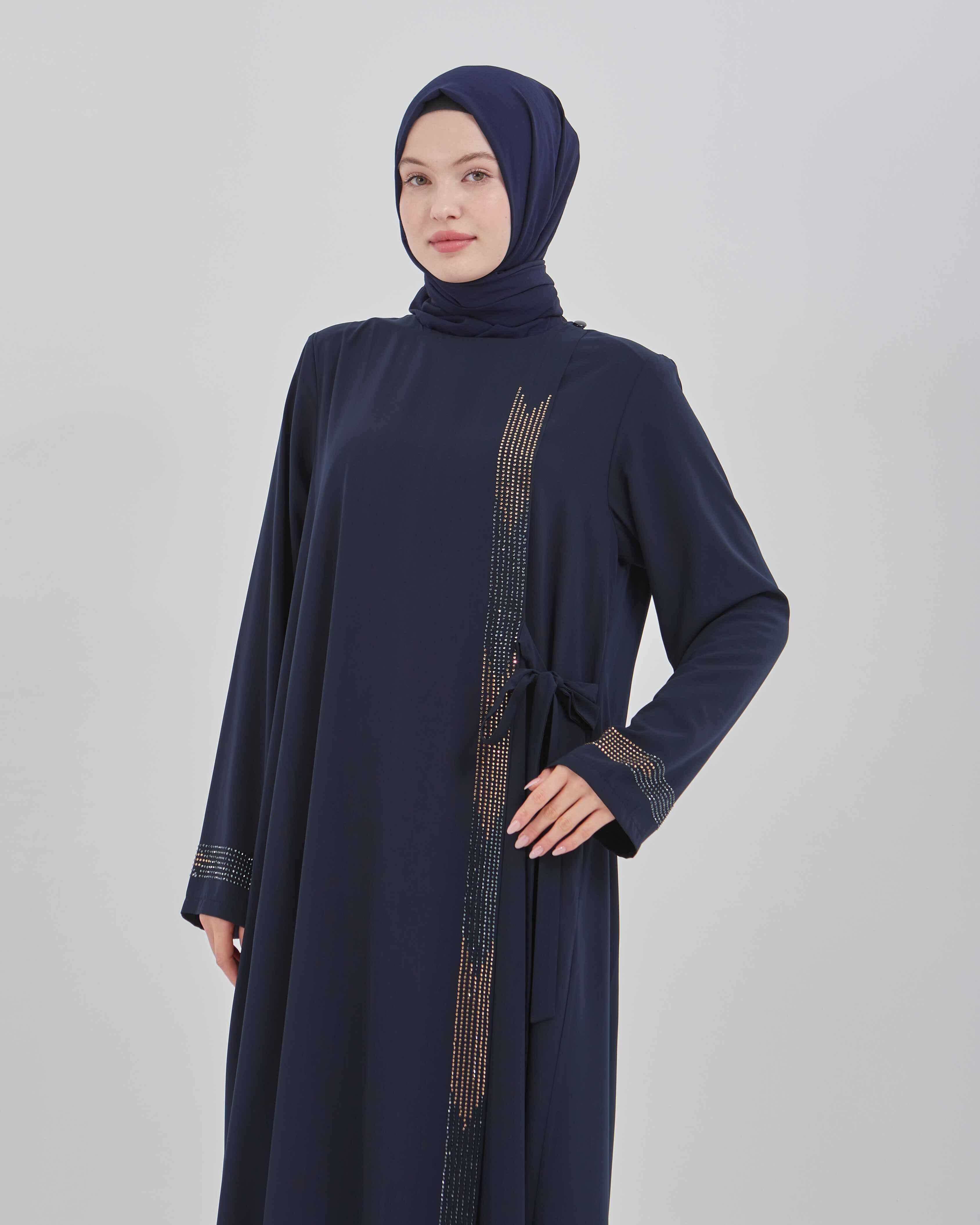 Yandan Bağlamalı Taş İşlemeli Ferace Lacivert | 21155
