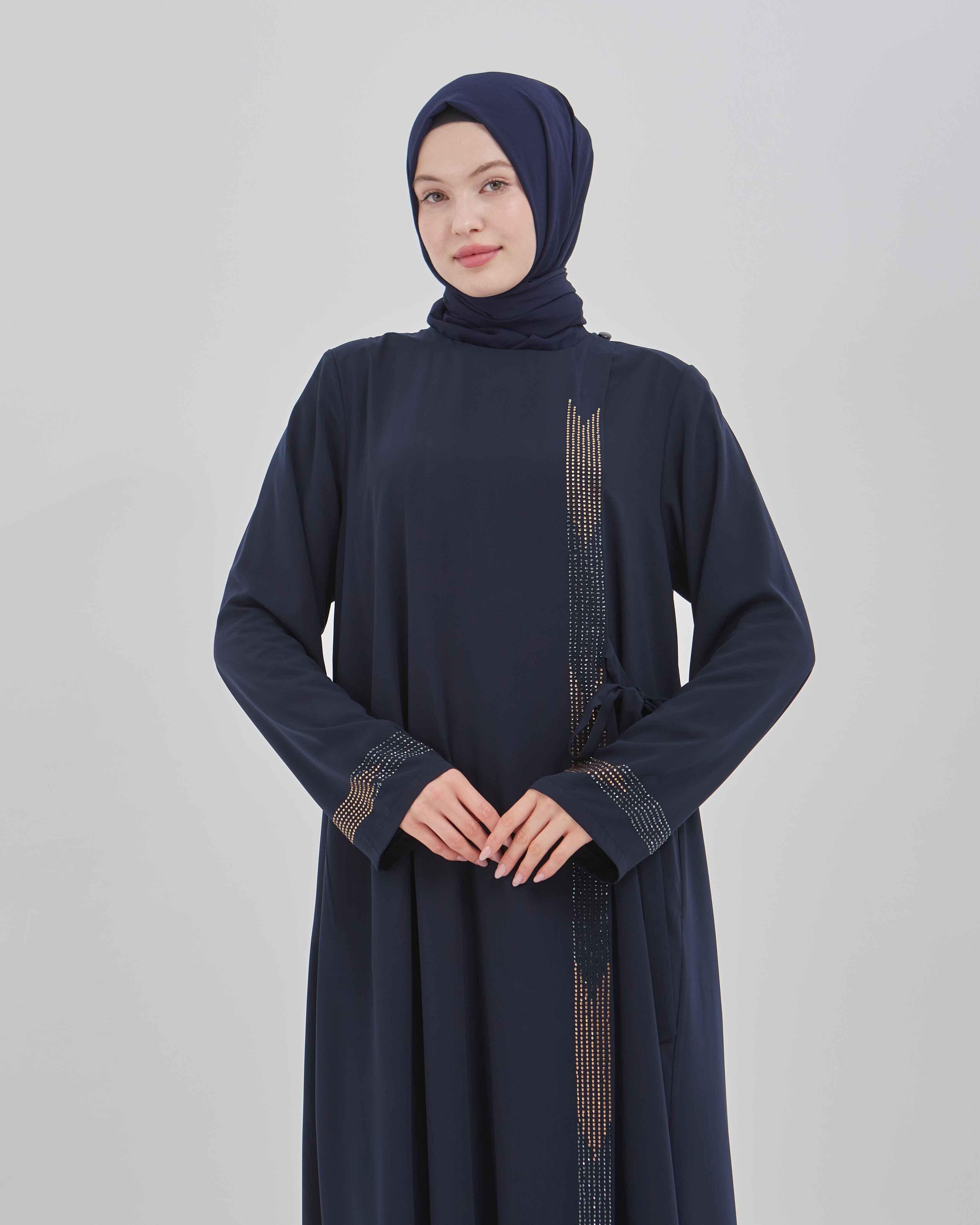 Yandan Bağlamalı Taş İşlemeli Ferace Lacivert | 21155