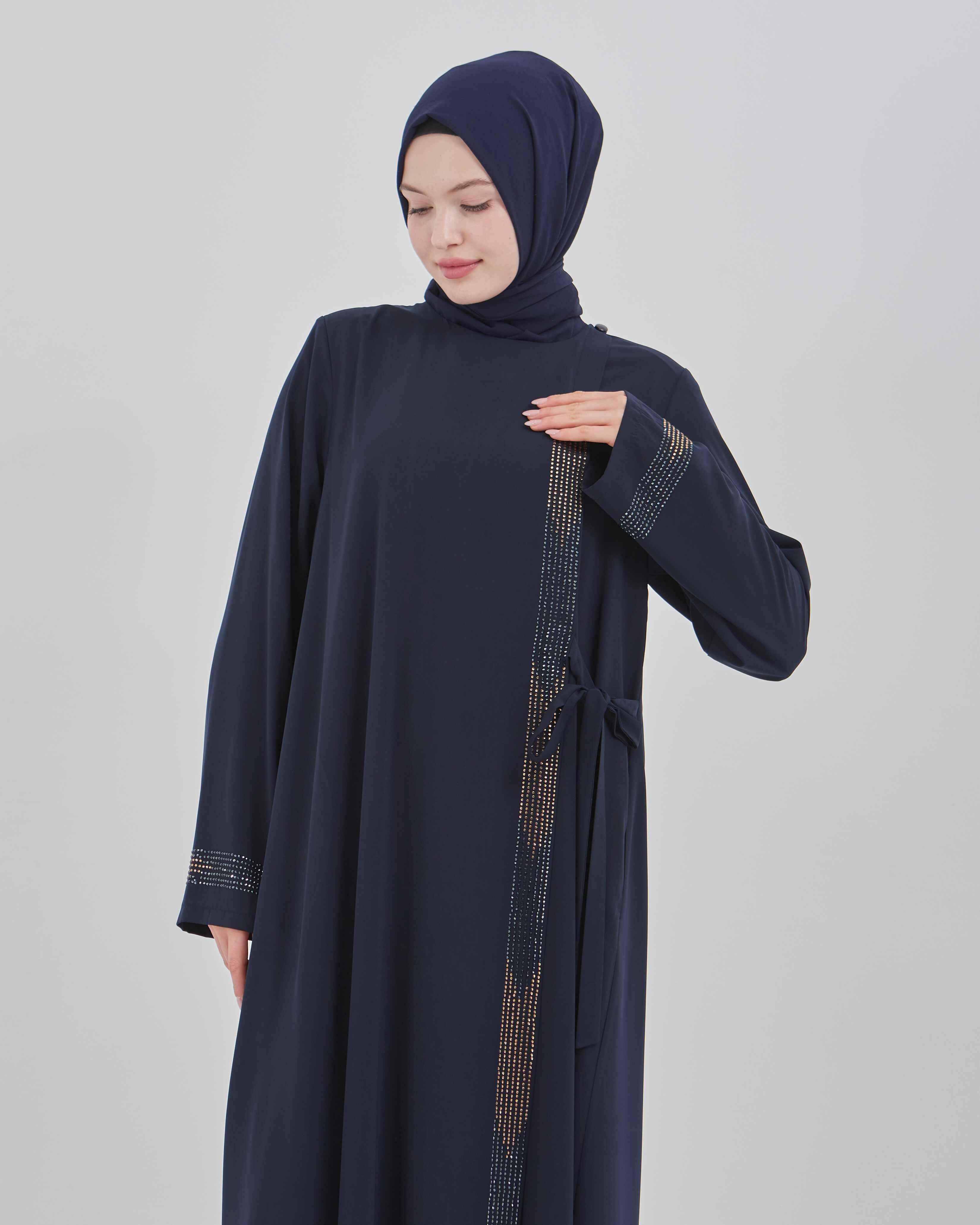 Yandan Bağlamalı Taş İşlemeli Ferace Lacivert | 21155