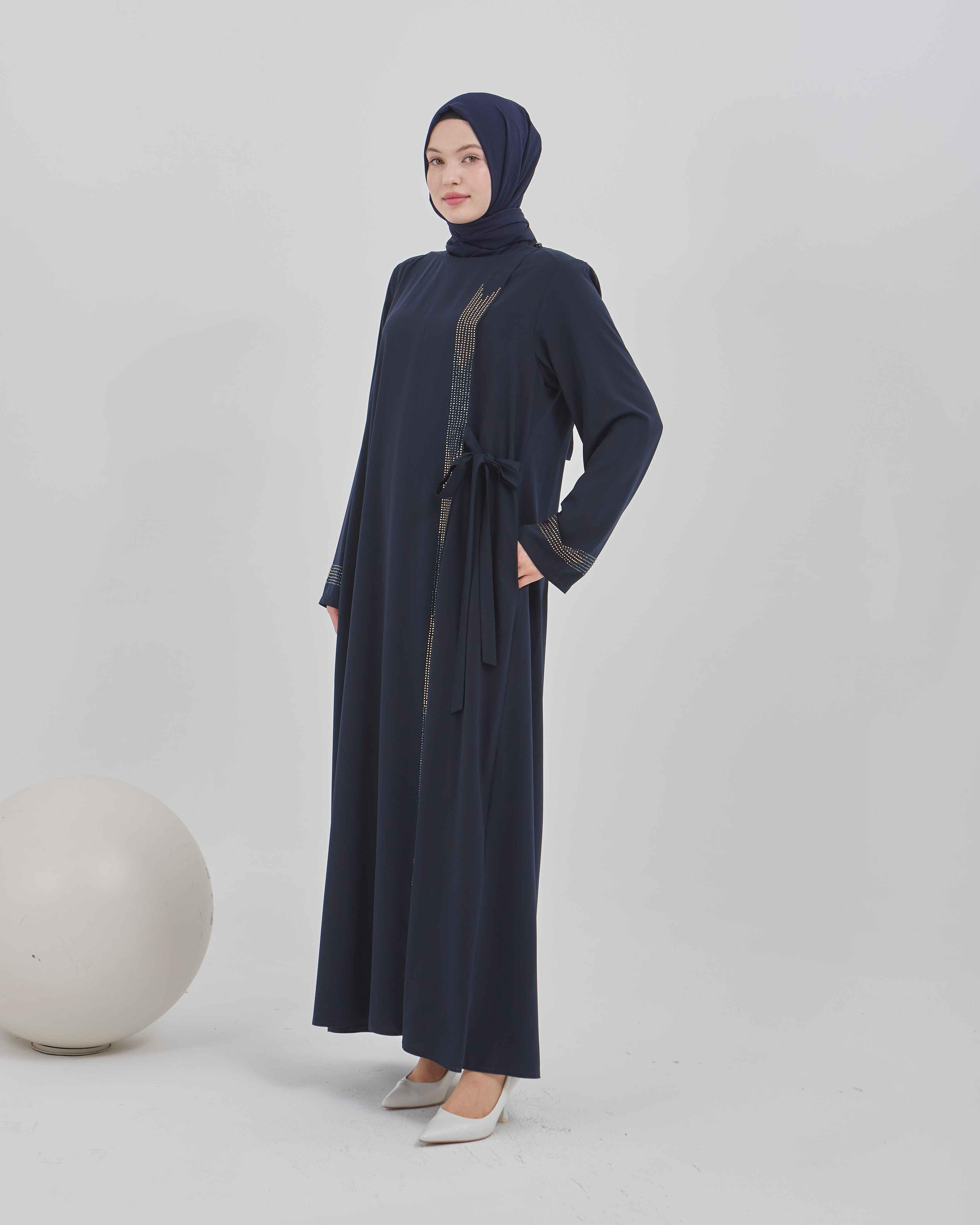 Yandan Bağlamalı Taş İşlemeli Ferace Lacivert | 21155