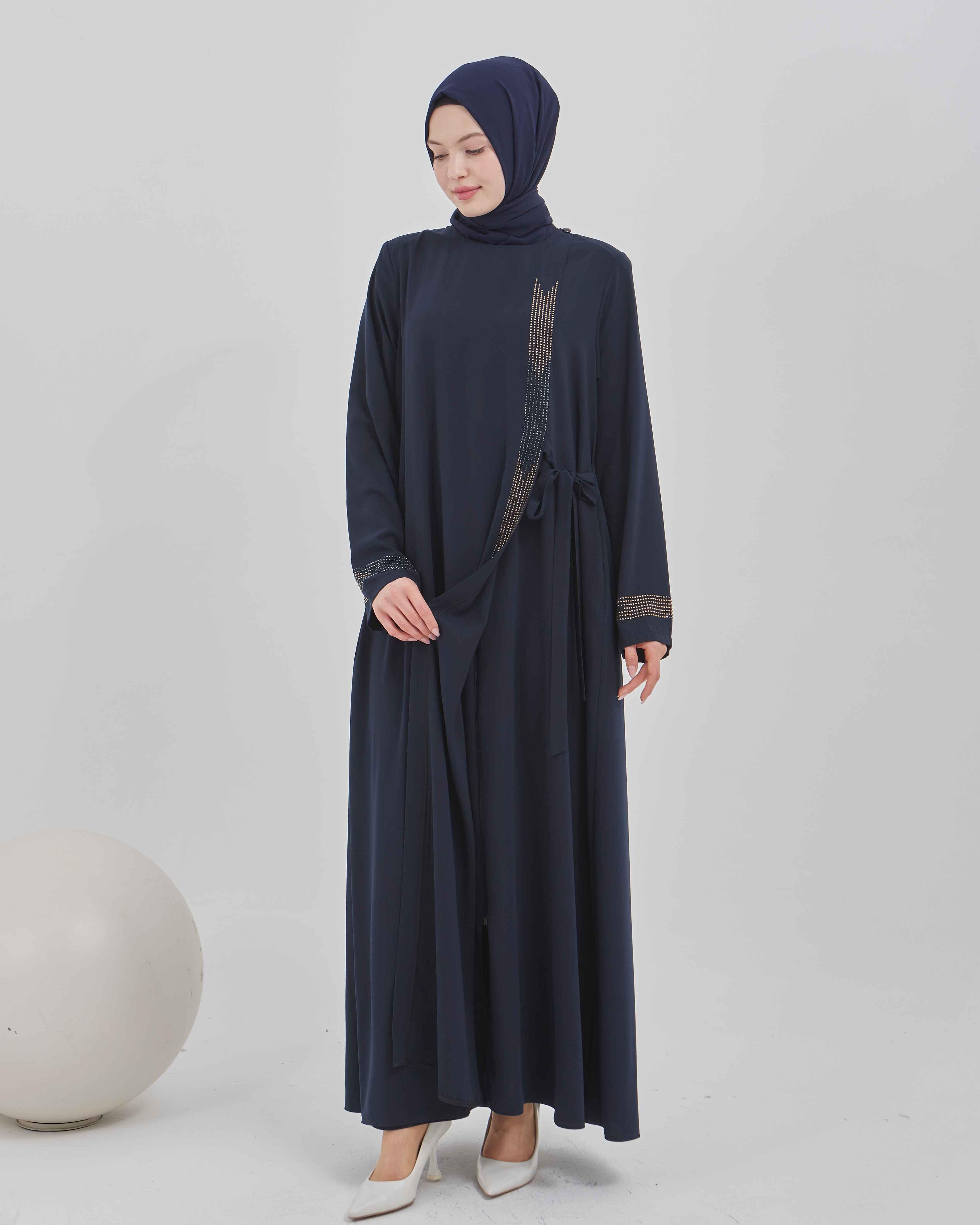 Yandan Bağlamalı Taş İşlemeli Ferace Lacivert | 21155