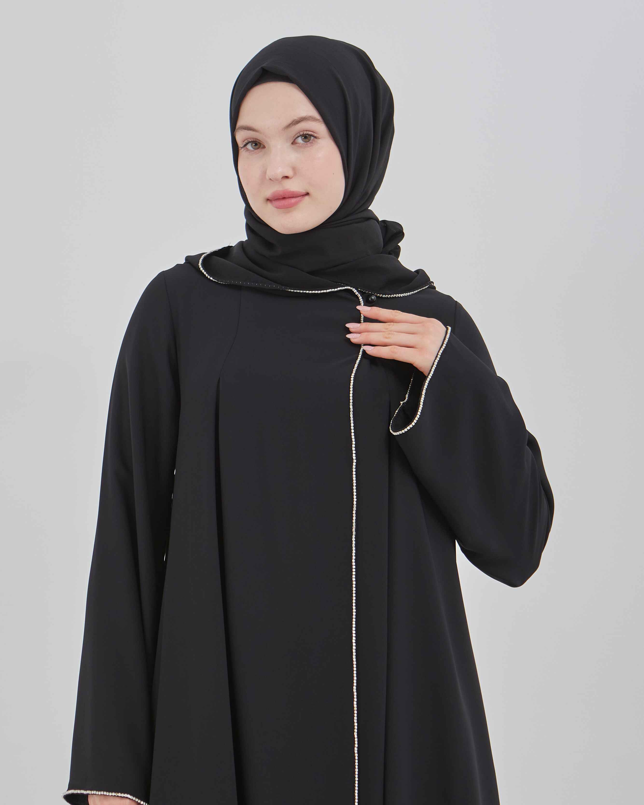 Şerit Taşlı Kapüşonlu Abaya Ferace Siyah | 21141