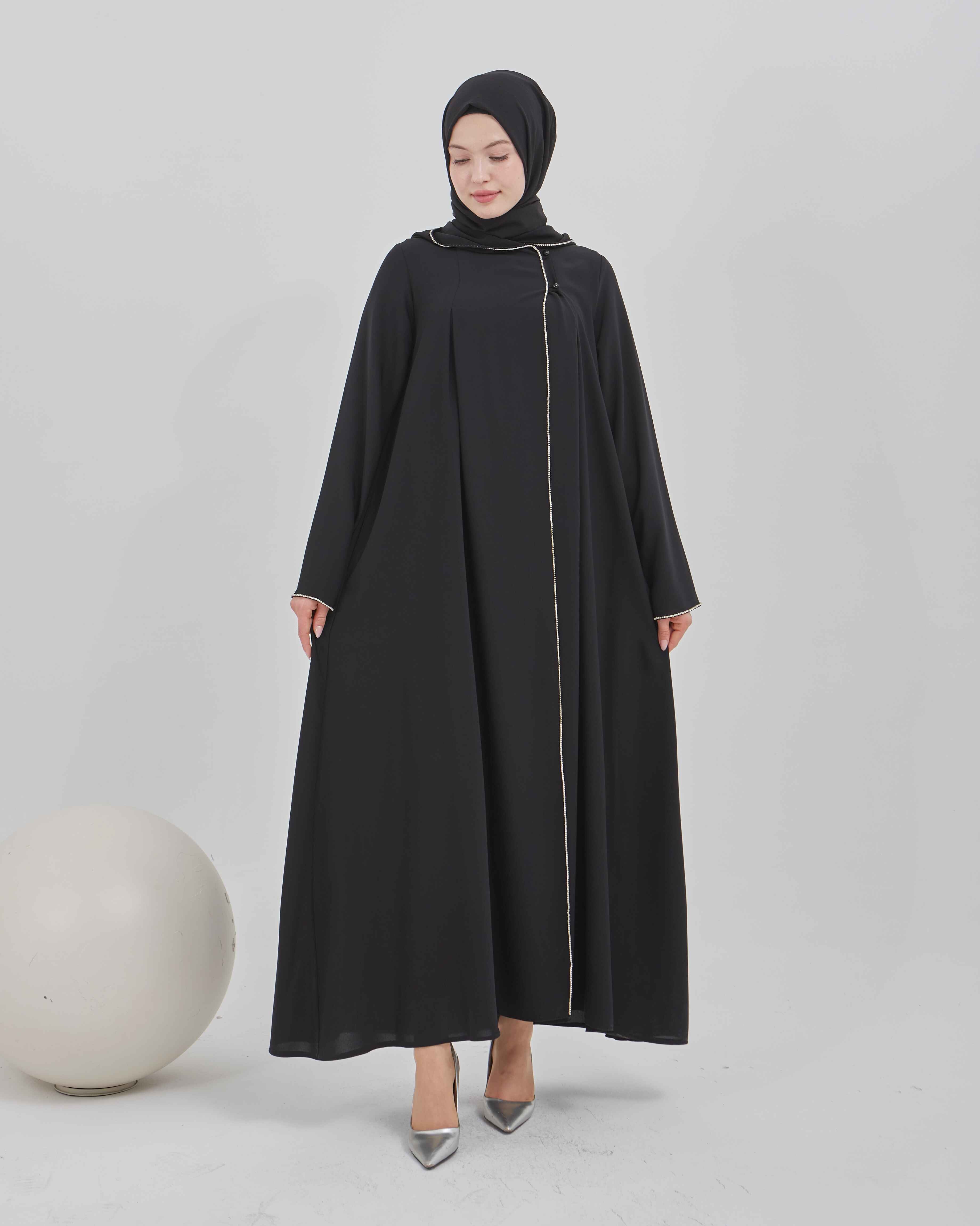 Şerit Taşlı Kapüşonlu Abaya Ferace Siyah | 21141