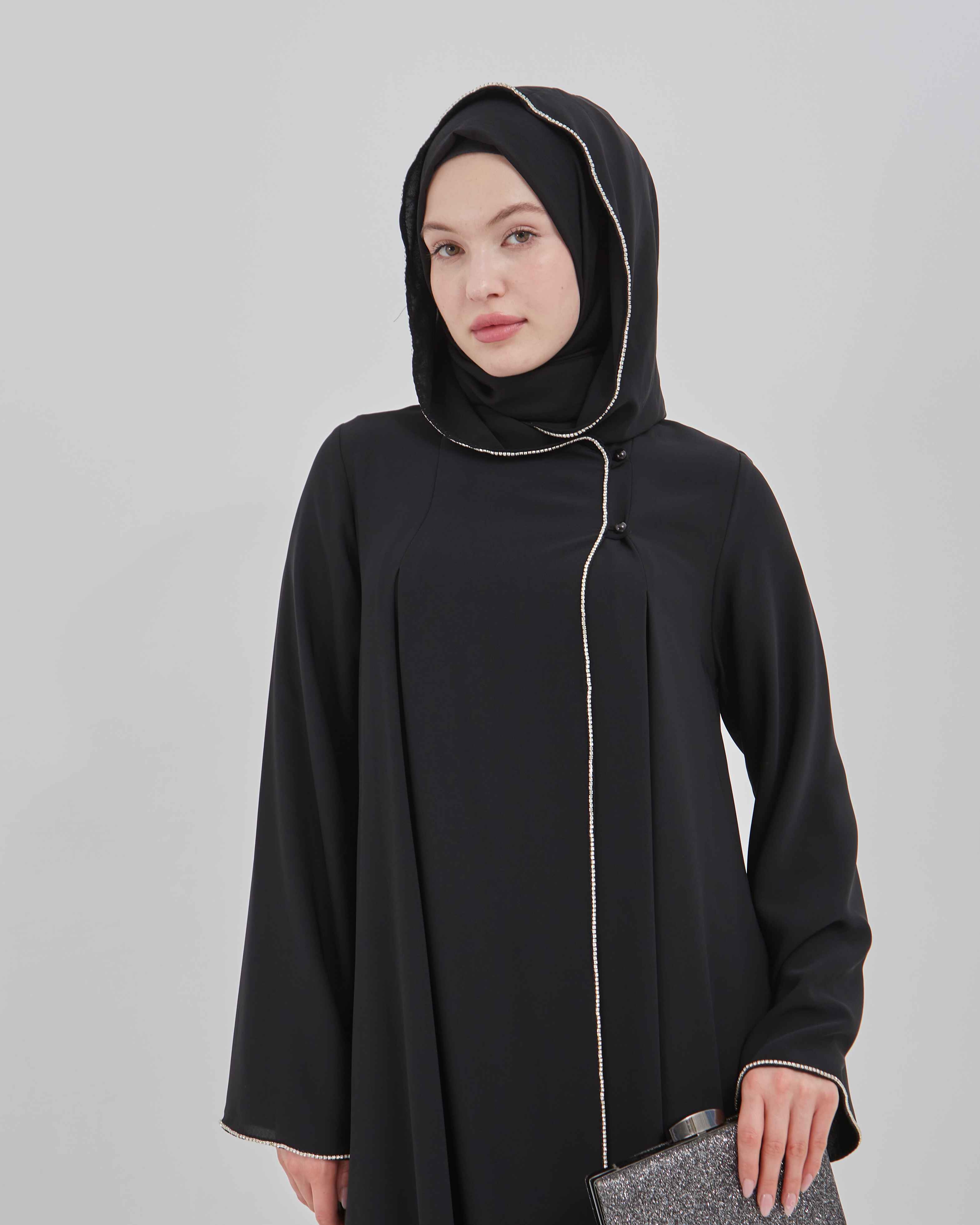 Şerit Taşlı Kapüşonlu Abaya Ferace Siyah | 21141