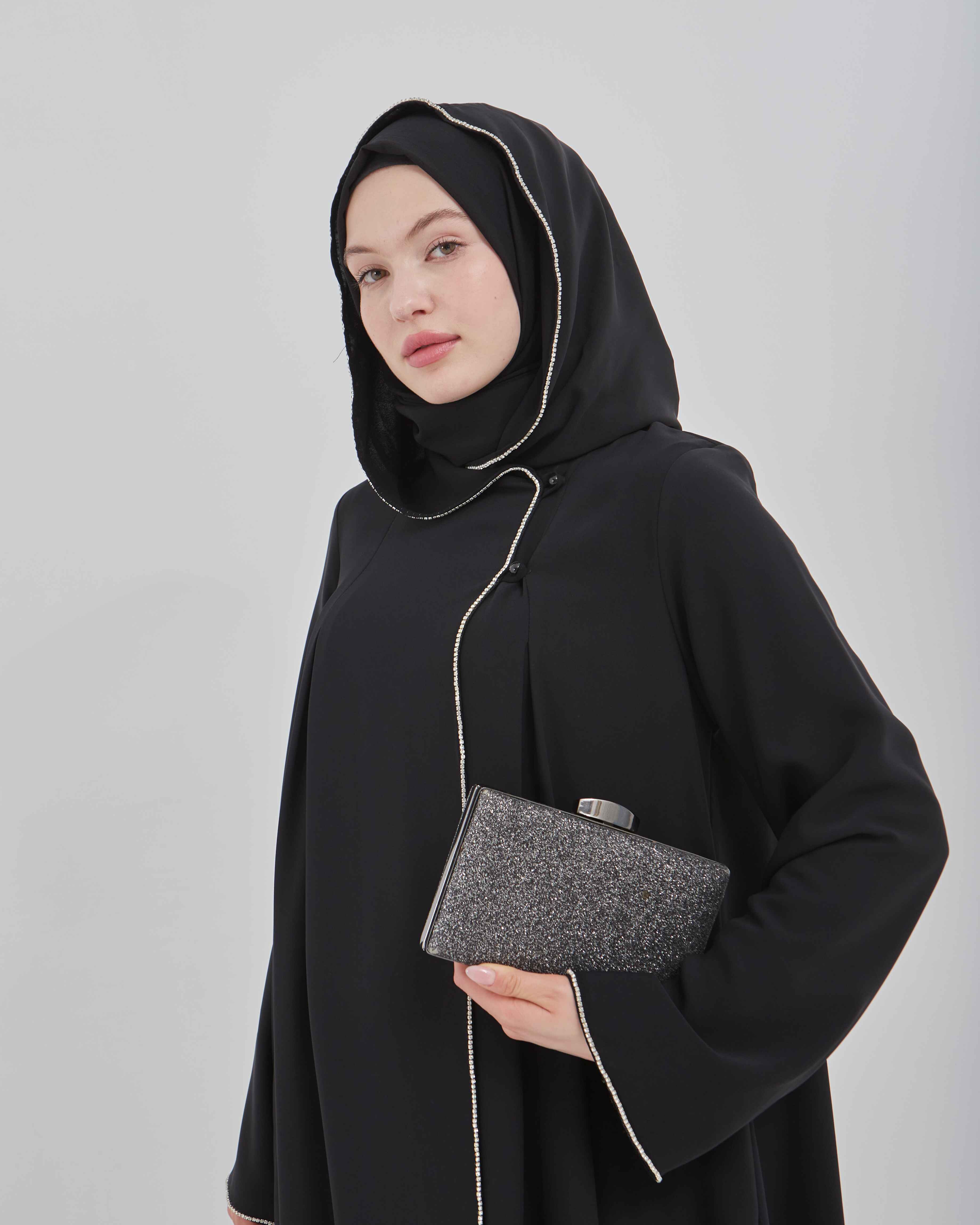 Şerit Taşlı Kapüşonlu Abaya Ferace Siyah | 21141