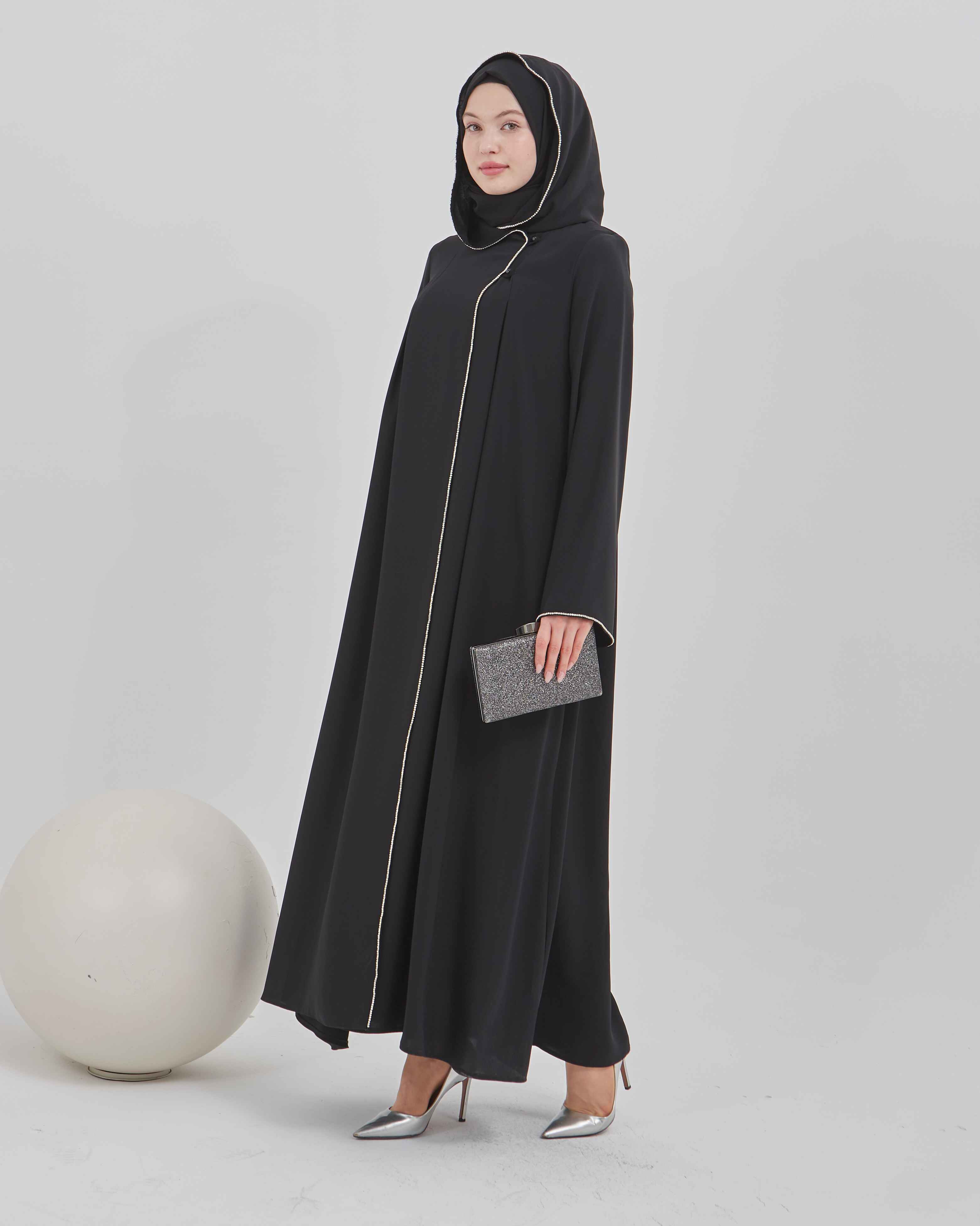 Şerit Taşlı Kapüşonlu Abaya Ferace Siyah | 21141