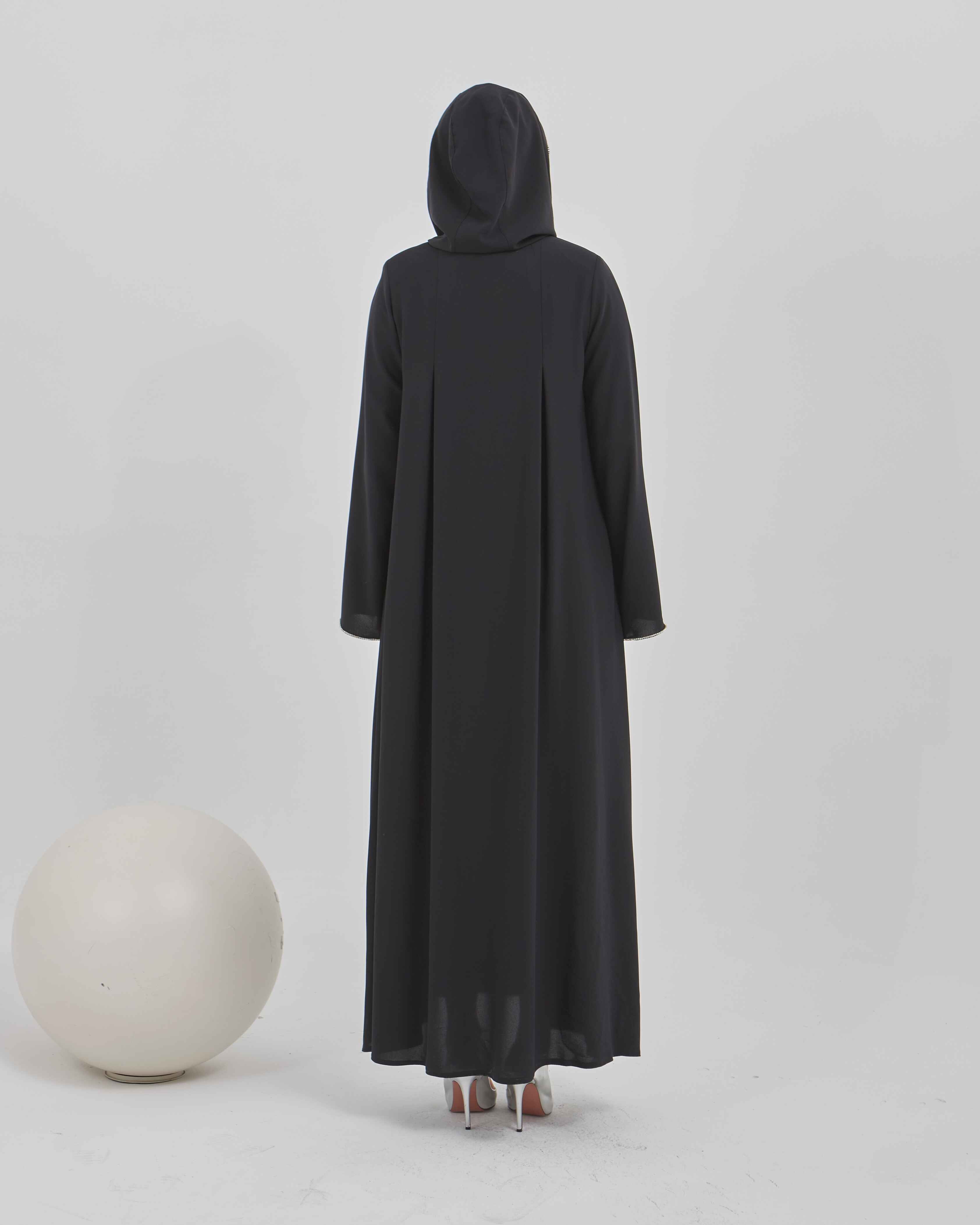 Şerit Taşlı Kapüşonlu Abaya Ferace Siyah | 21141