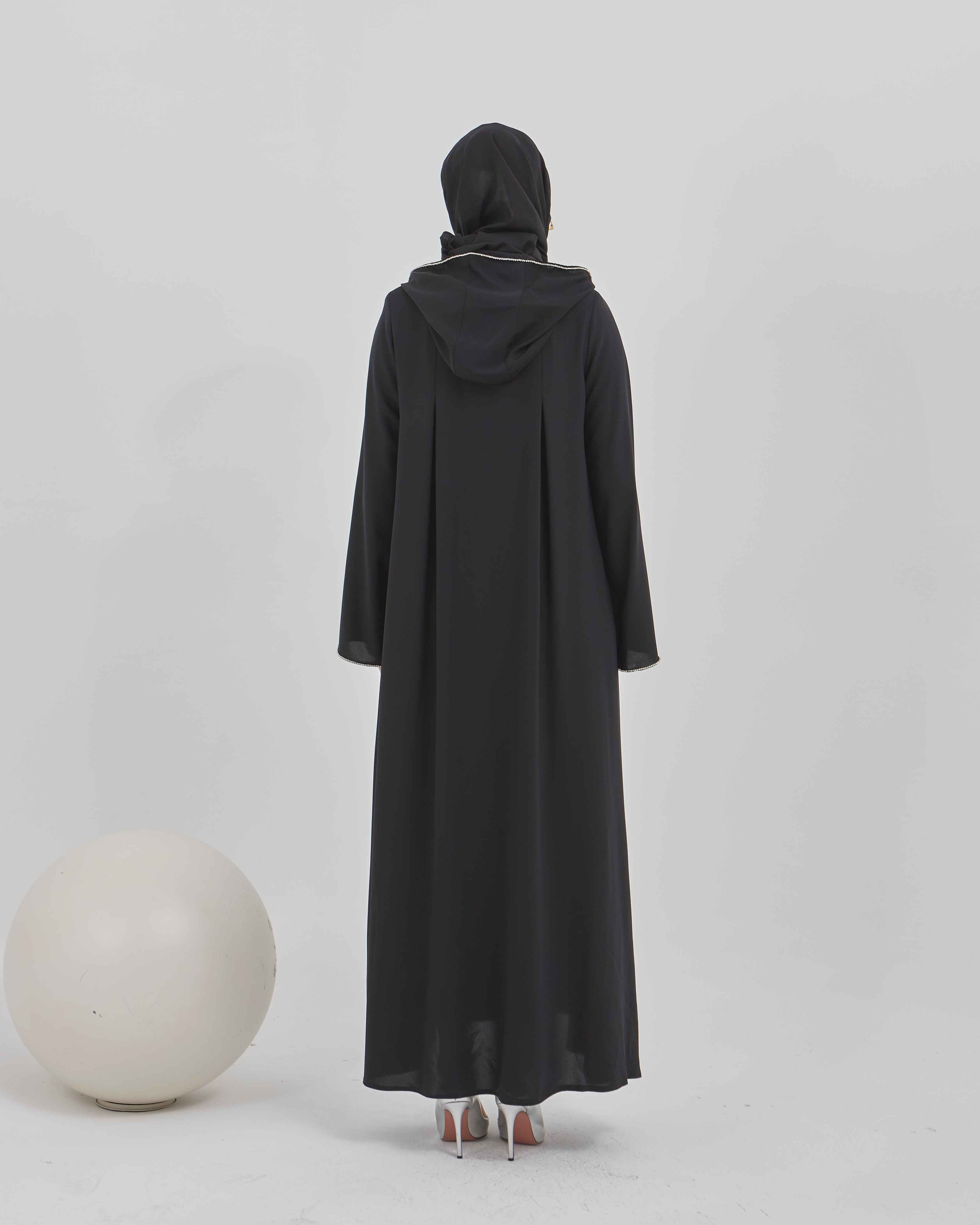 Şerit Taşlı Kapüşonlu Abaya Ferace Siyah | 21141