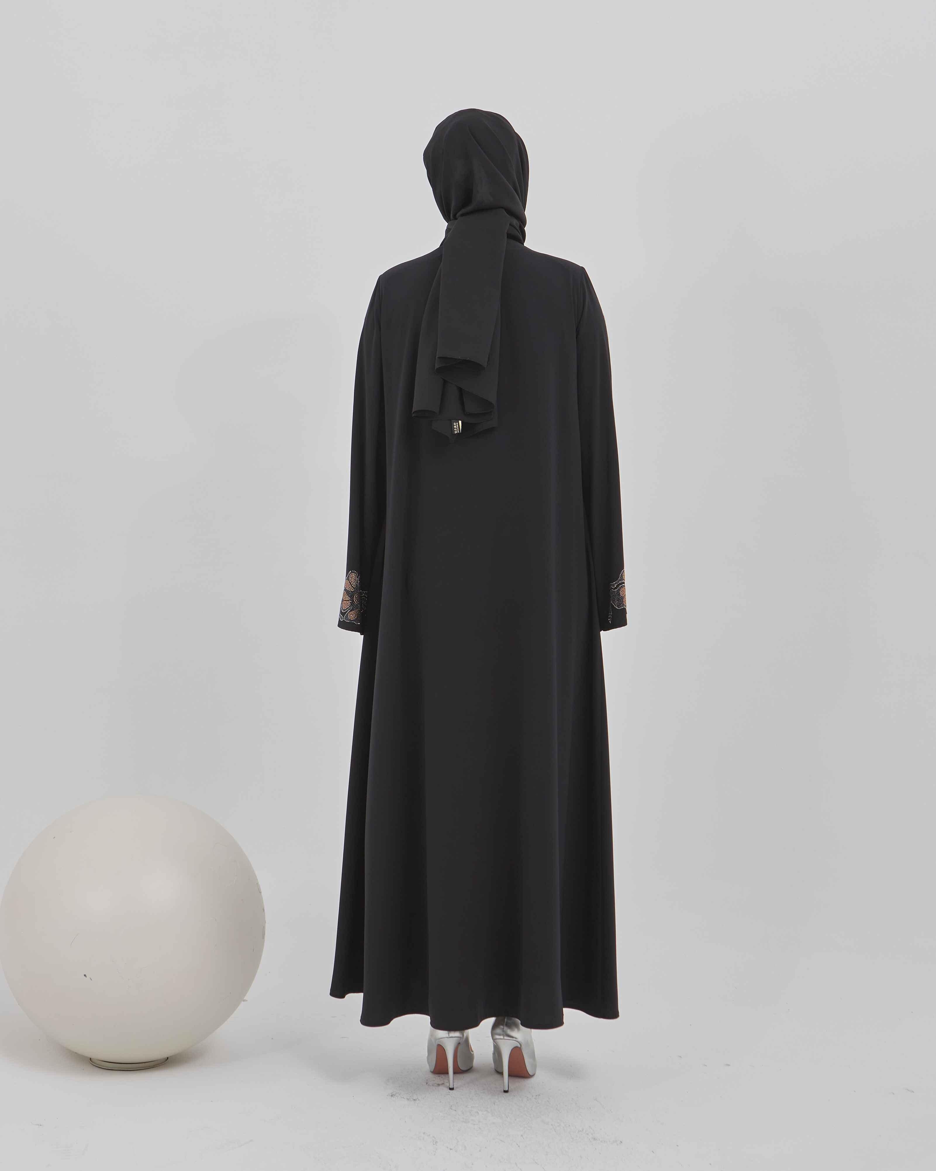 Kolları Çiçek Desenli Taş İşlemeli Valon Kollu Ferace Siyah | 2024101