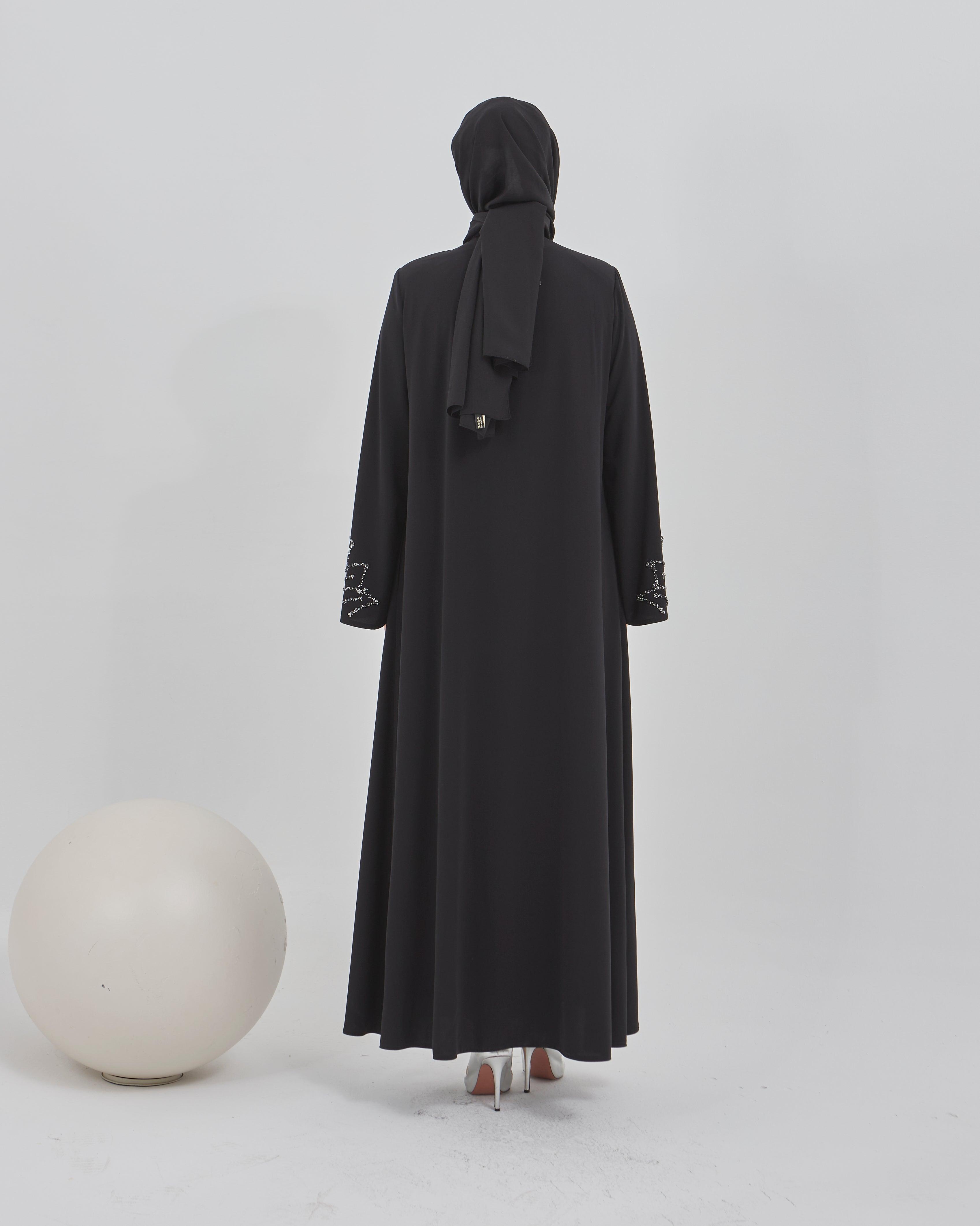 Kolları Taş İşlemeli Valon Kollu Ferace Siyah | 2024121