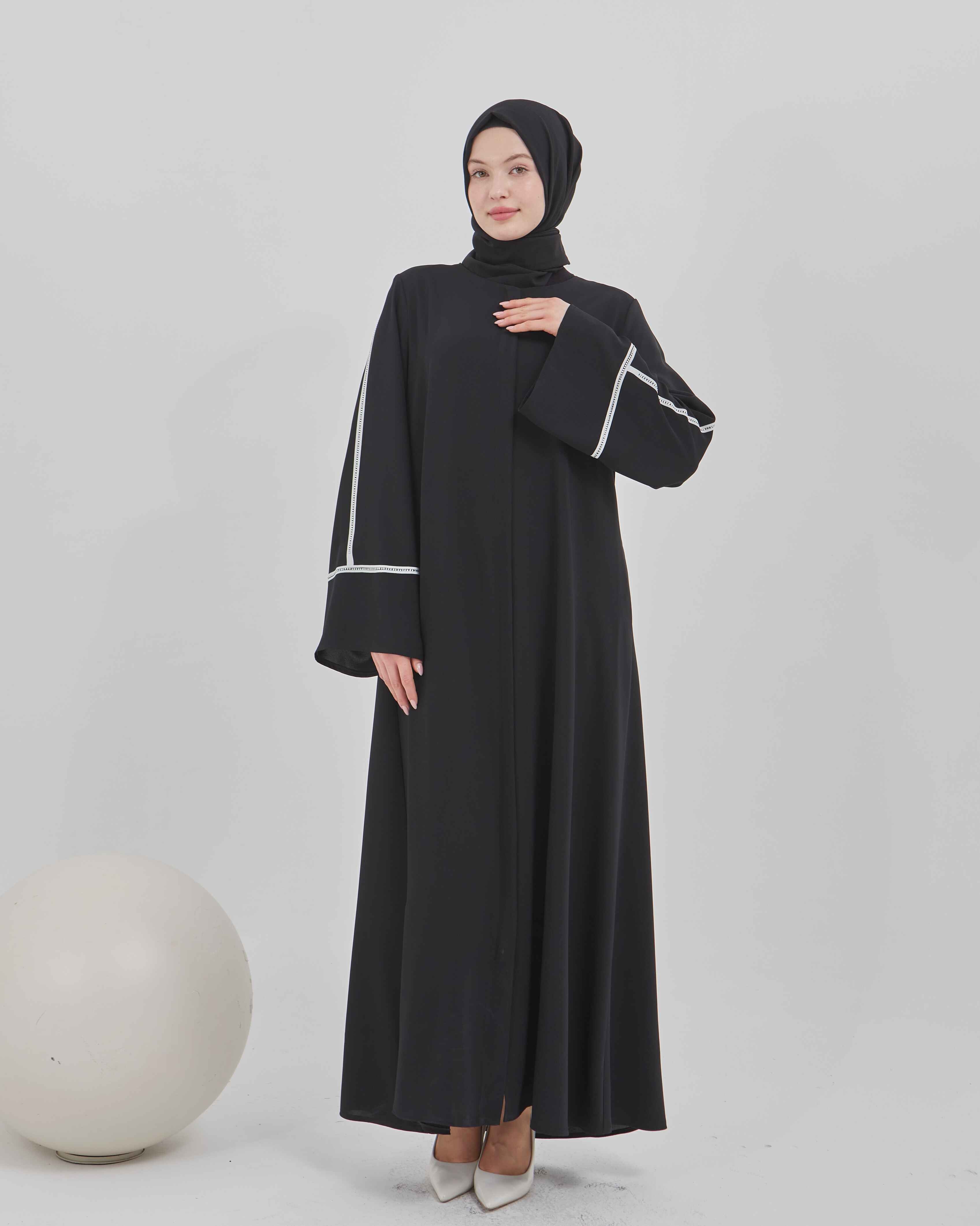 Kolları Taş Şeritli Valon Kollu Ferace Siyah | 202491