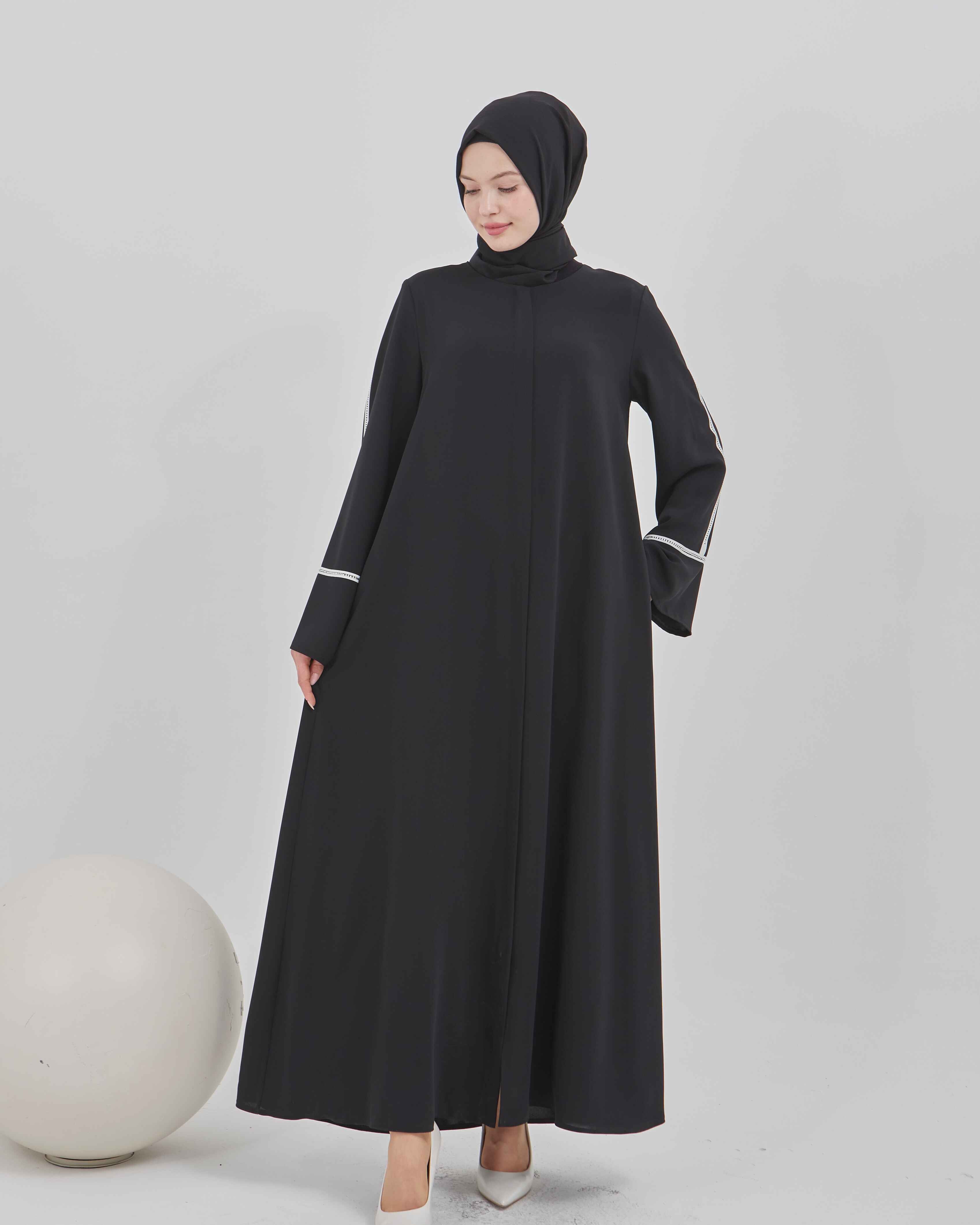 Kolları Taş Şeritli Valon Kollu Ferace Siyah | 202491