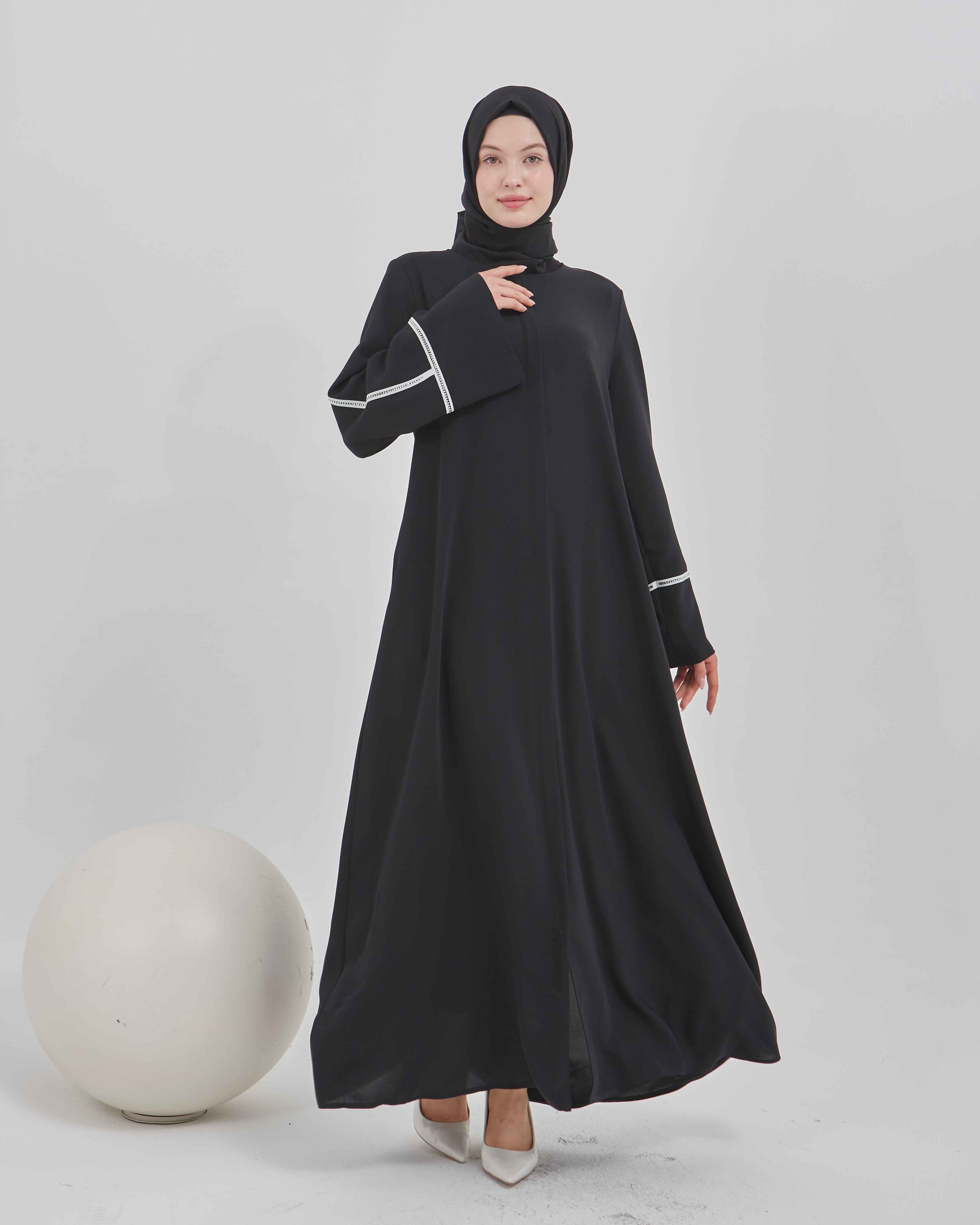 Kolları Taş Şeritli Valon Kollu Ferace Siyah | 202491