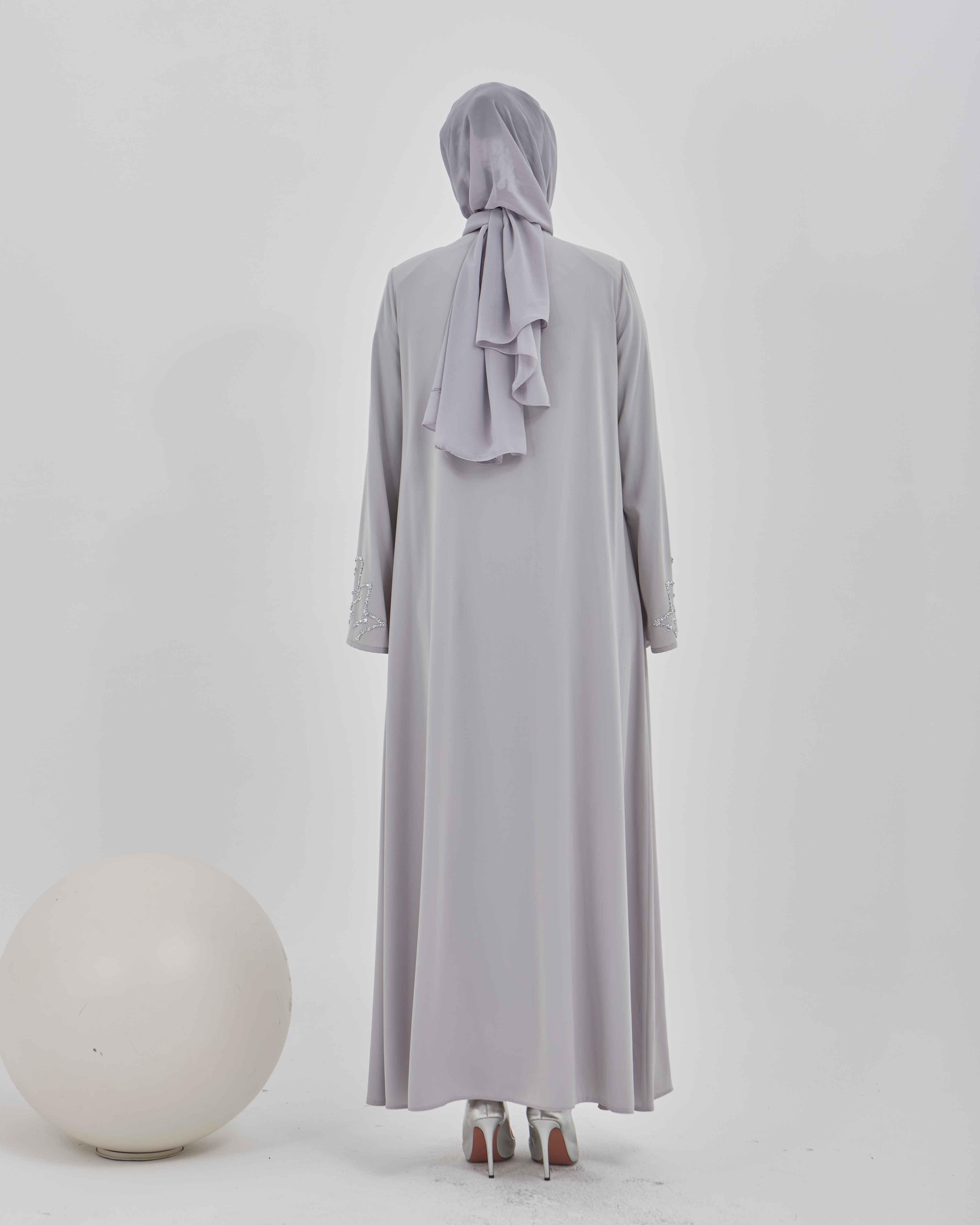 Kolları Taş İşlemeli Valon Kollu Ferace Gri | 20241224