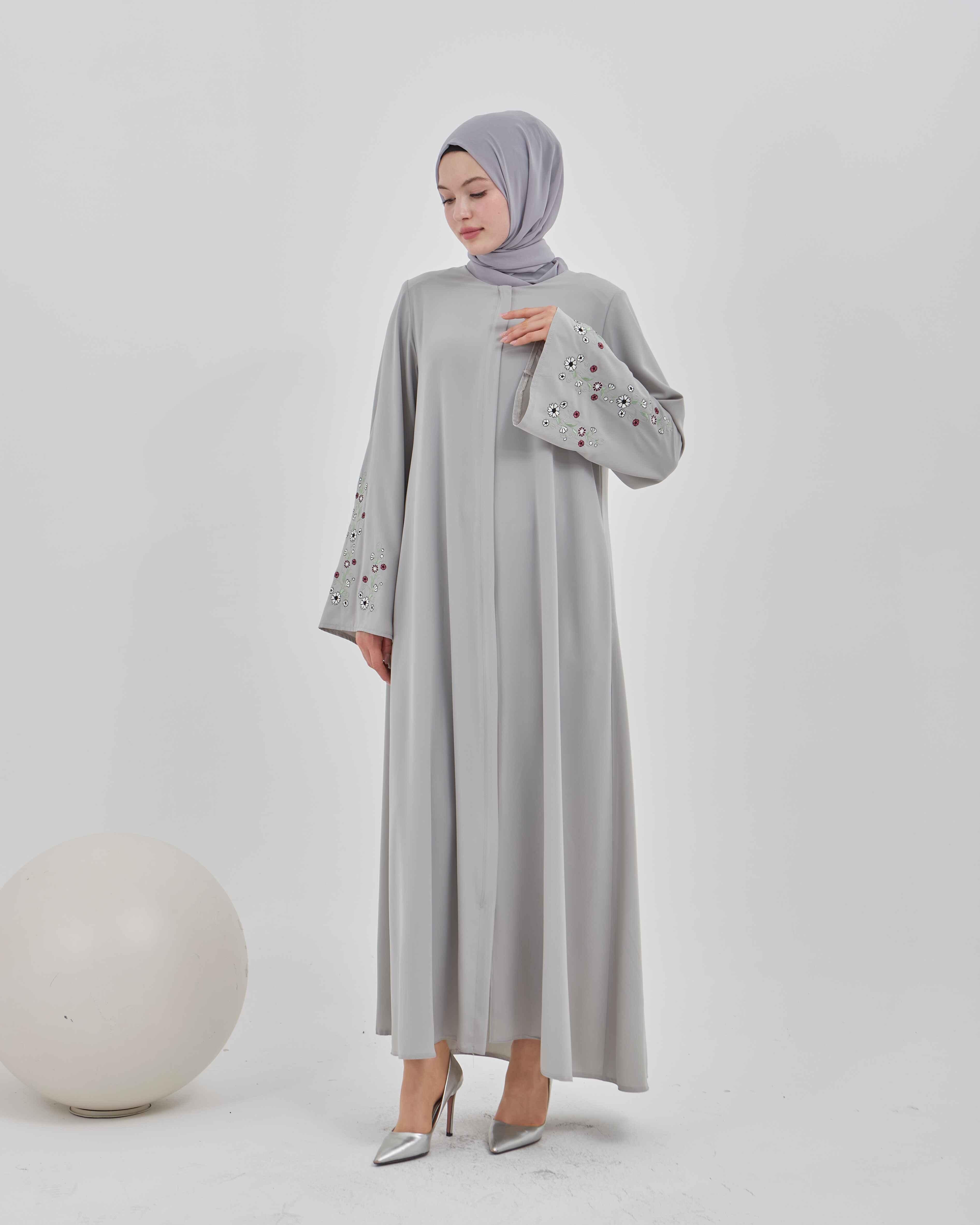 Kolları Çiçek Nakışlı Valon Kollu Ferace Gri | 2024824