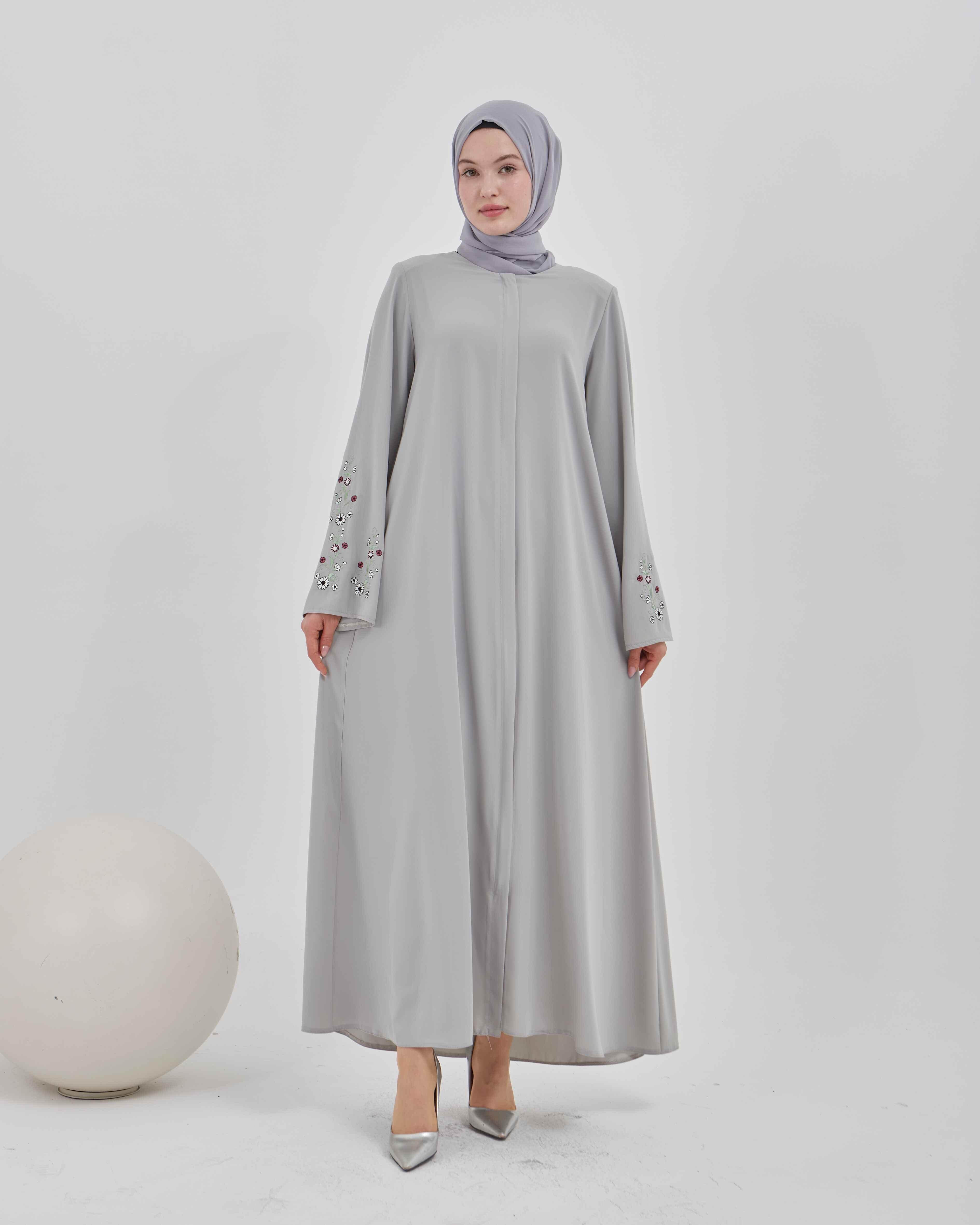 Kolları Çiçek Nakışlı Valon Kollu Ferace Gri | 2024824