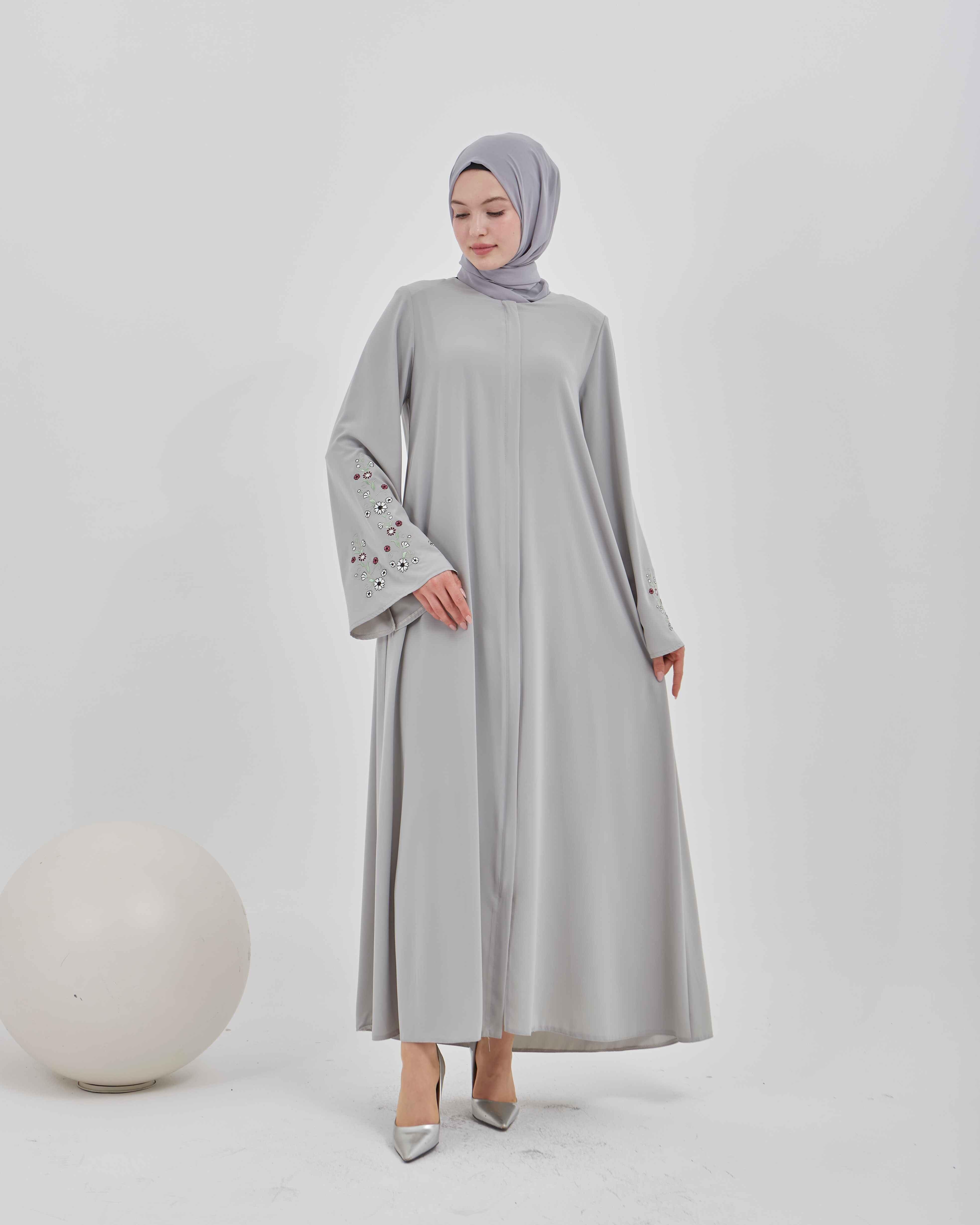 Kolları Çiçek Nakışlı Valon Kollu Ferace Gri | 2024824