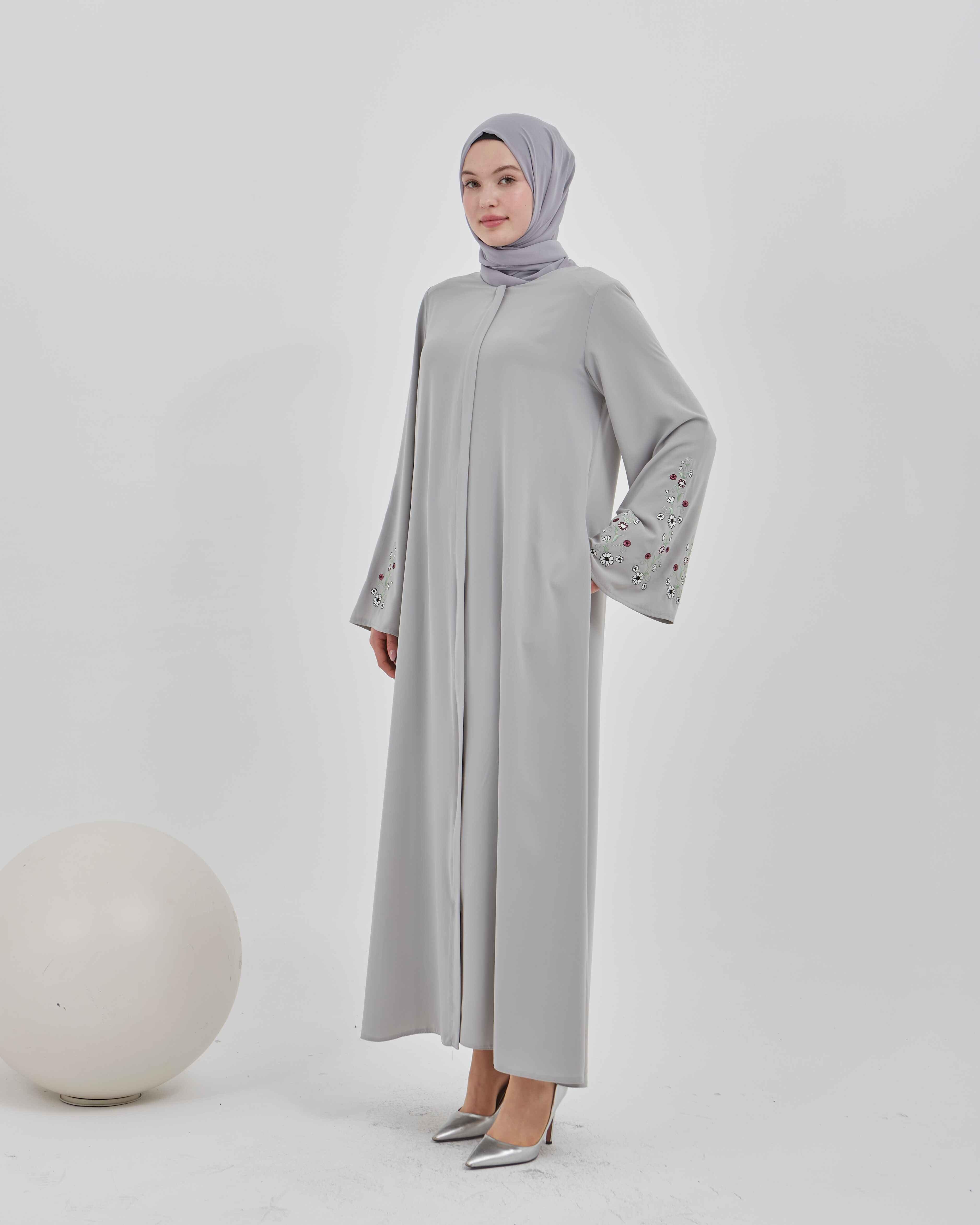 Kolları Çiçek Nakışlı Valon Kollu Ferace Gri | 2024824