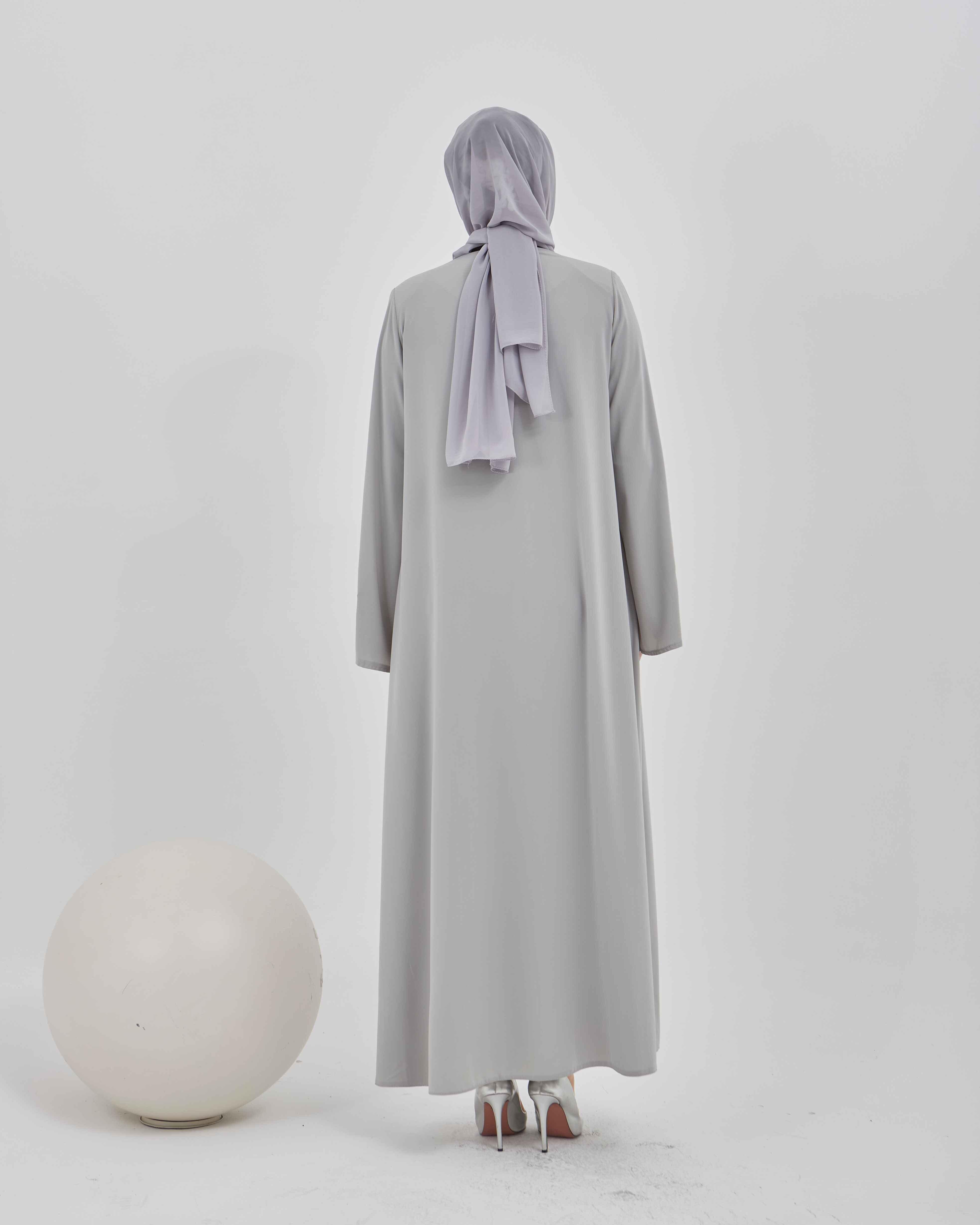 Kolları Çiçek Nakışlı Valon Kollu Ferace Gri | 2024824