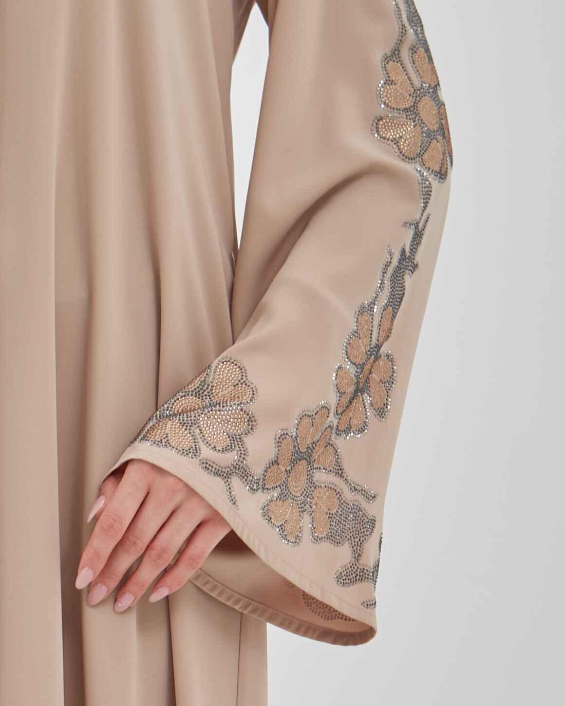 Kolları Çiçek Desenli Taş İşlemeli Valon Kollu Ferace Vizon | 20241023