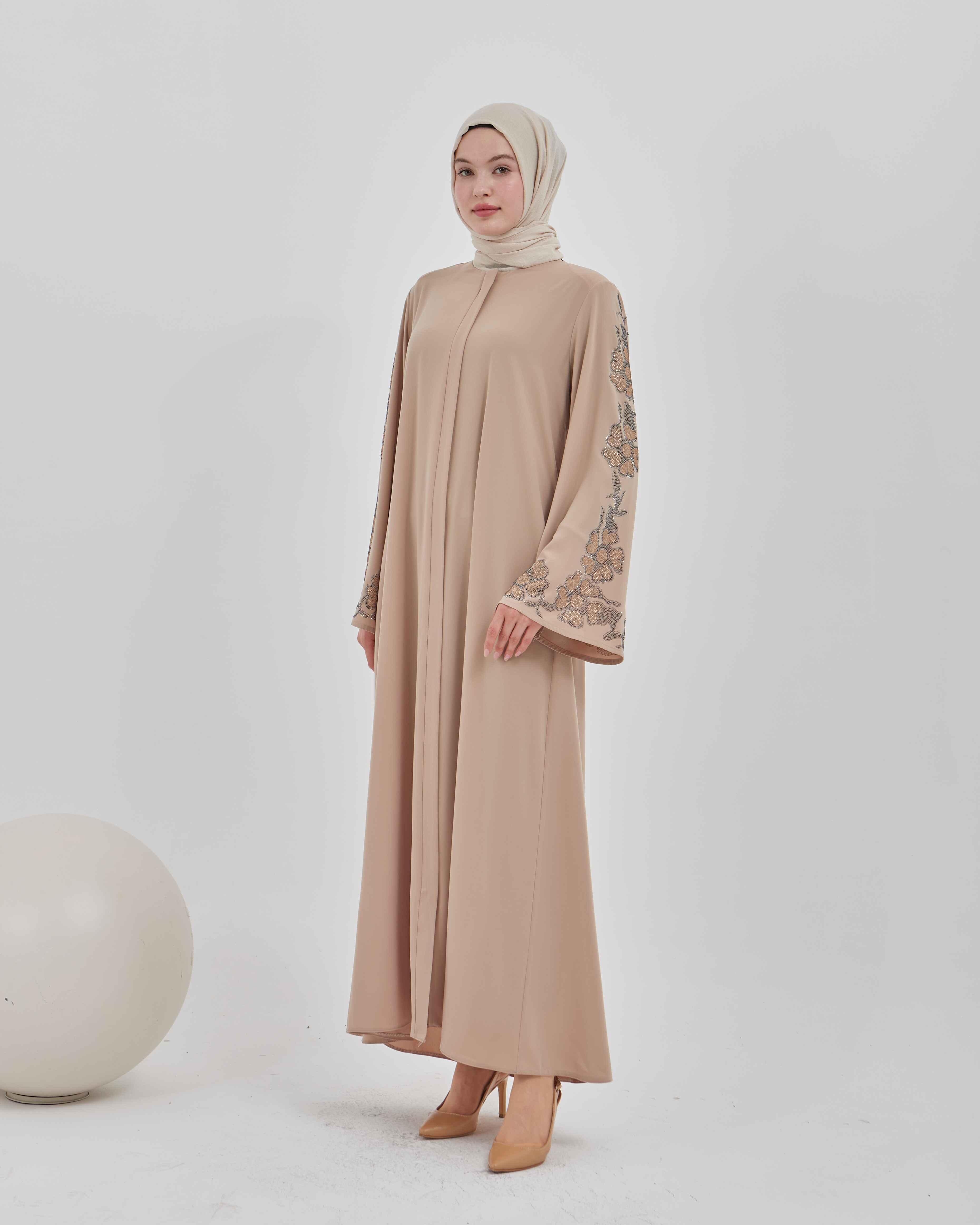 Kolları Çiçek Desenli Taş İşlemeli Valon Kollu Ferace Vizon | 20241023