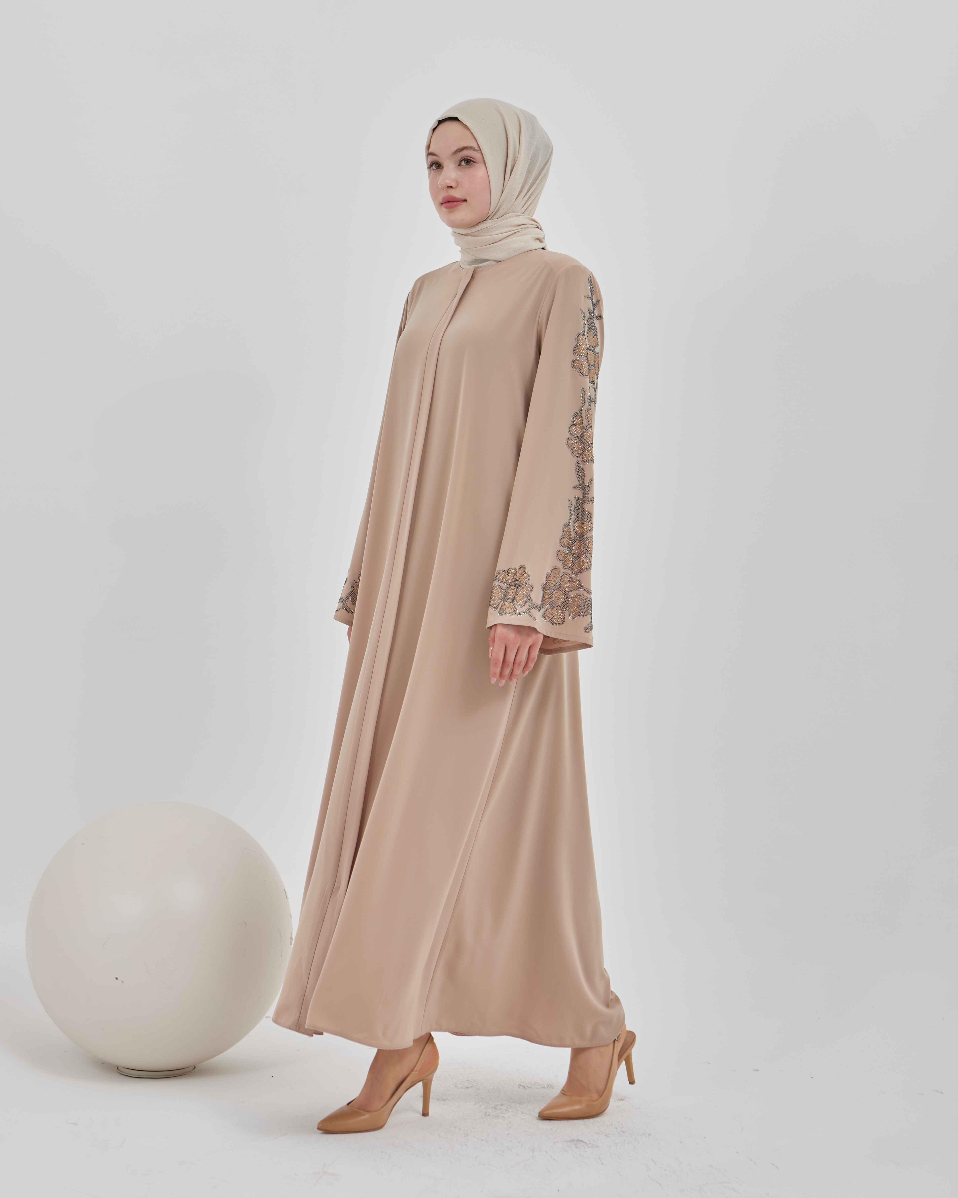 Kolları Çiçek Desenli Taş İşlemeli Valon Kollu Ferace Vizon | 20241023