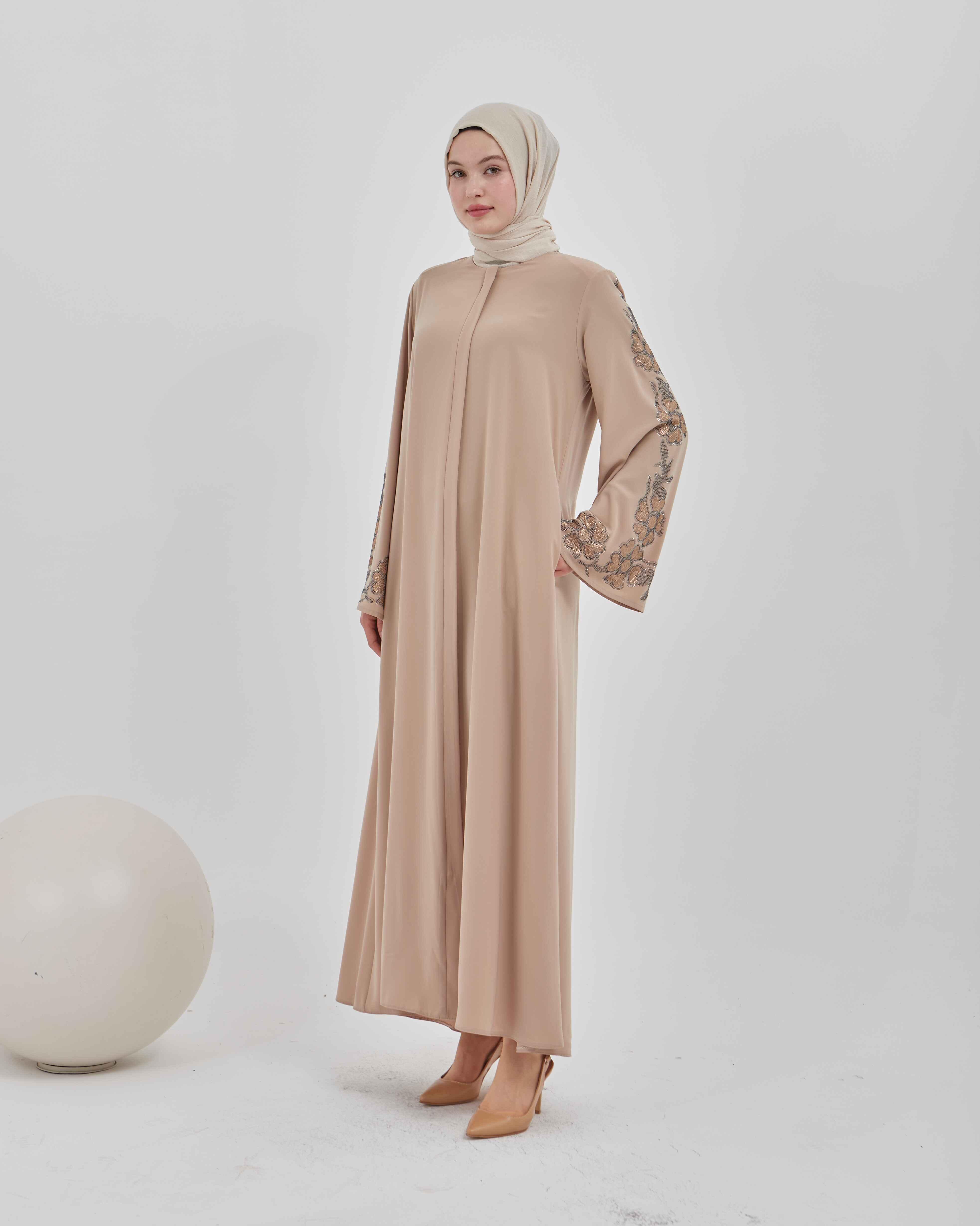 Kolları Çiçek Desenli Taş İşlemeli Valon Kollu Ferace Vizon | 20241023