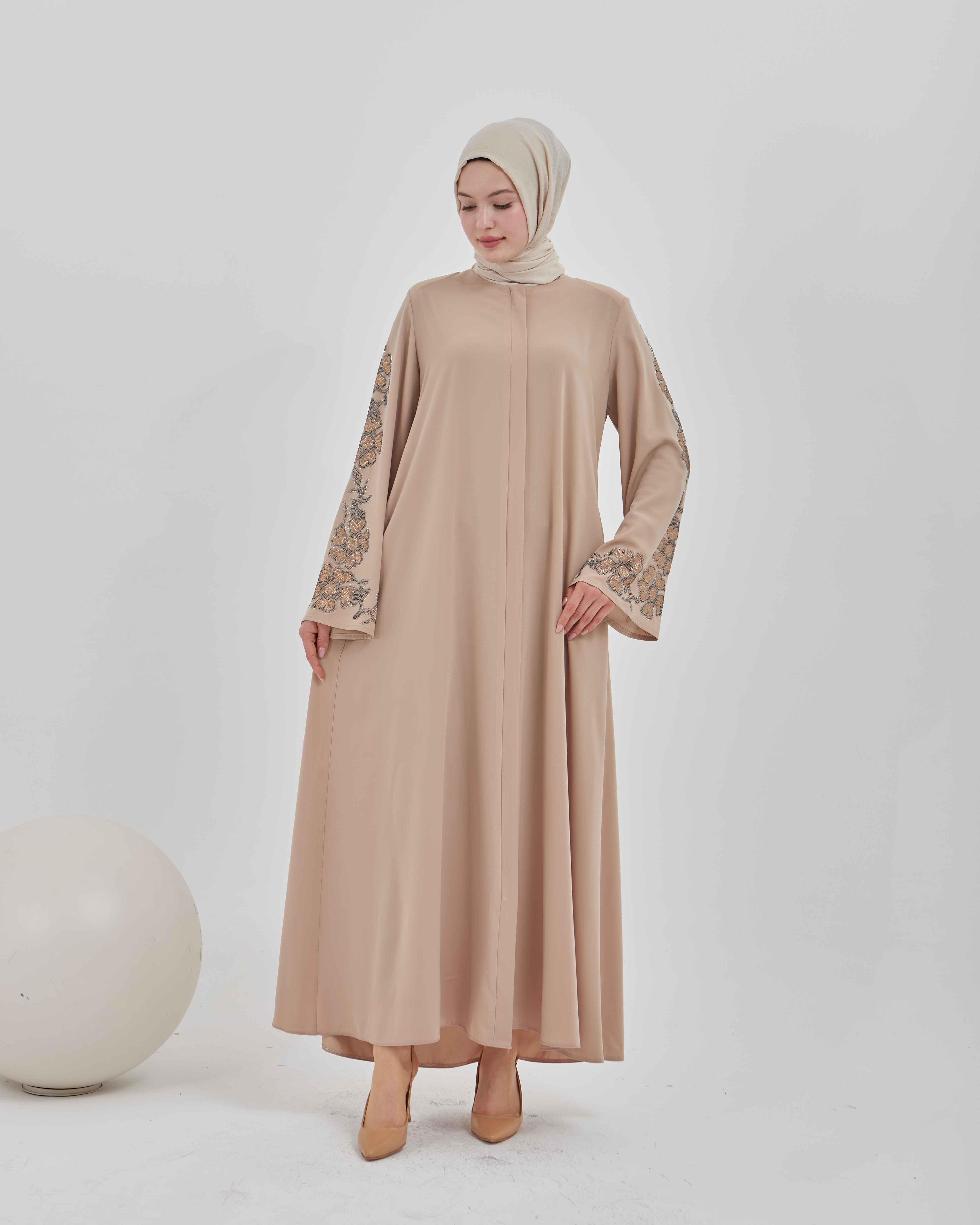 Kolları Çiçek Desenli Taş İşlemeli Valon Kollu Ferace Vizon | 20241023