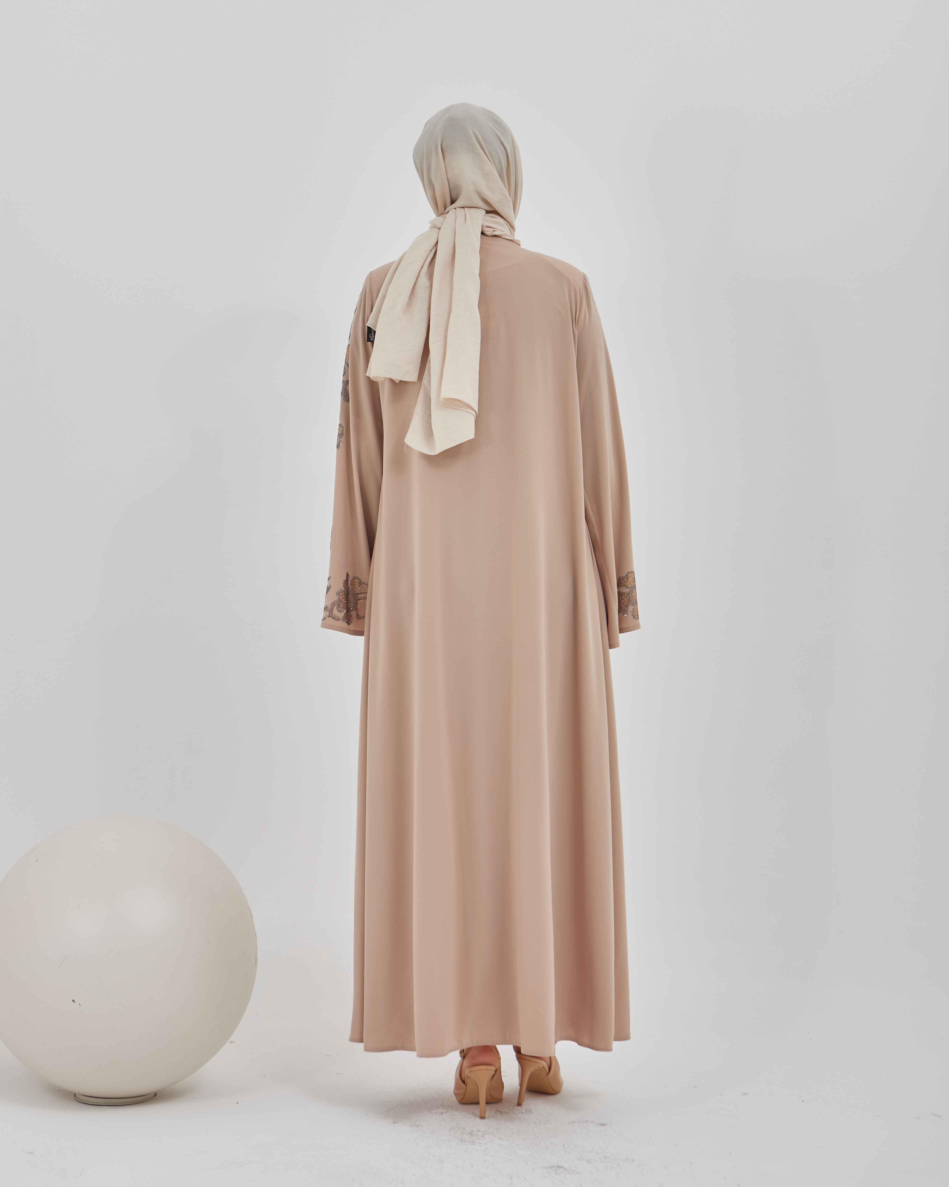 Kolları Çiçek Desenli Taş İşlemeli Valon Kollu Ferace Vizon | 20241023