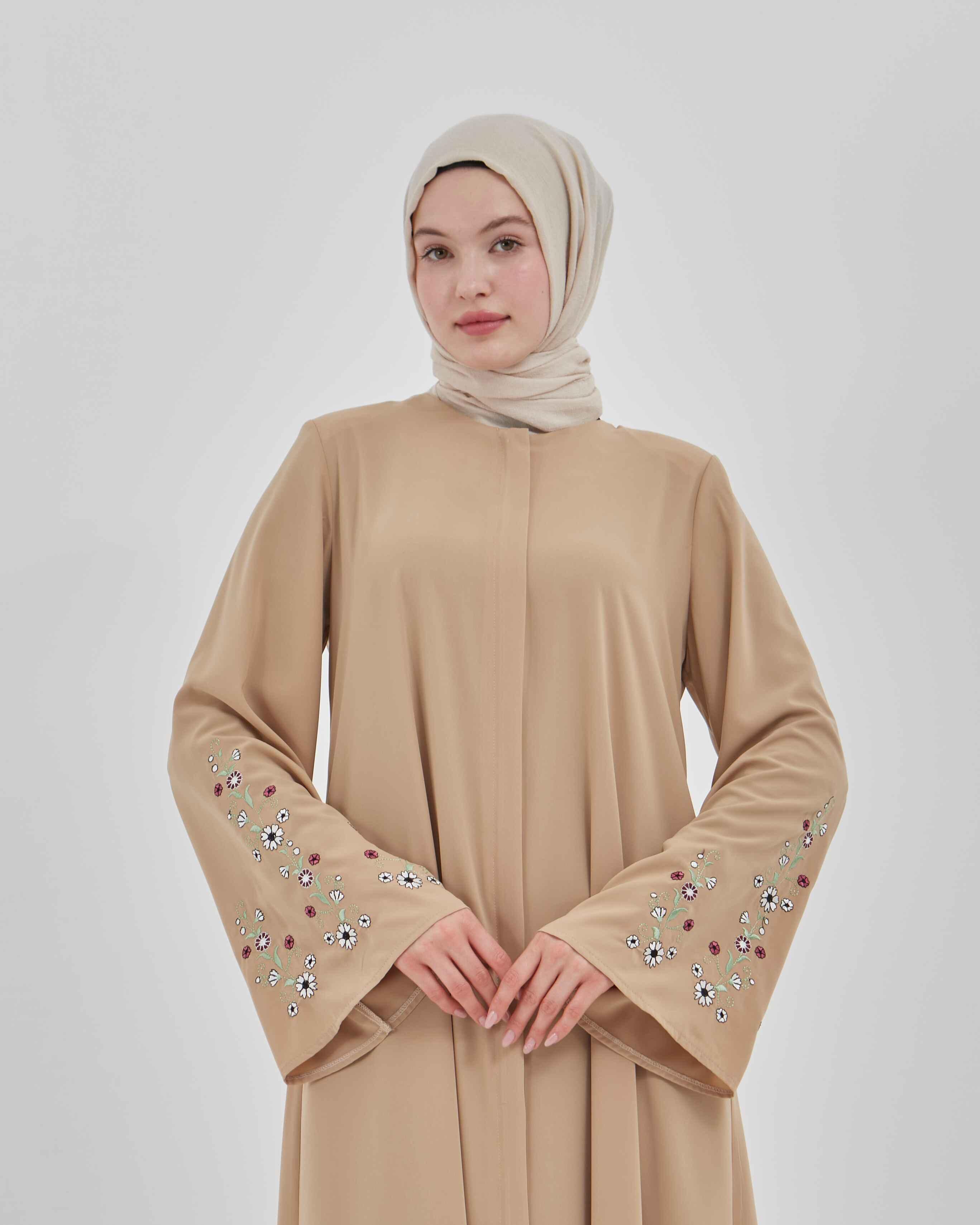 Kolları Çiçek Nakışlı Valon Kollu Ferace Vizon | 2024823