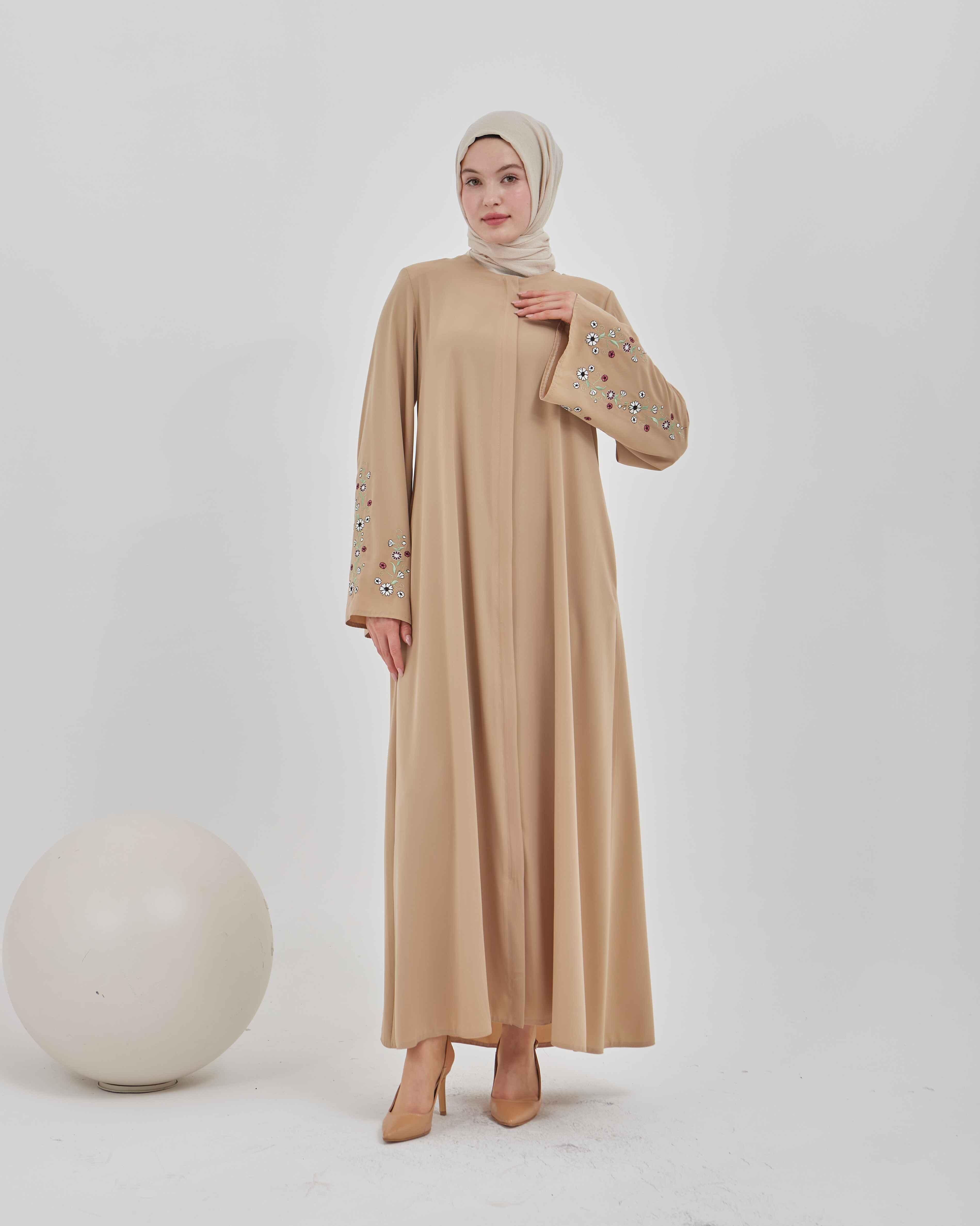 Kolları Çiçek Nakışlı Valon Kollu Ferace Vizon | 2024823