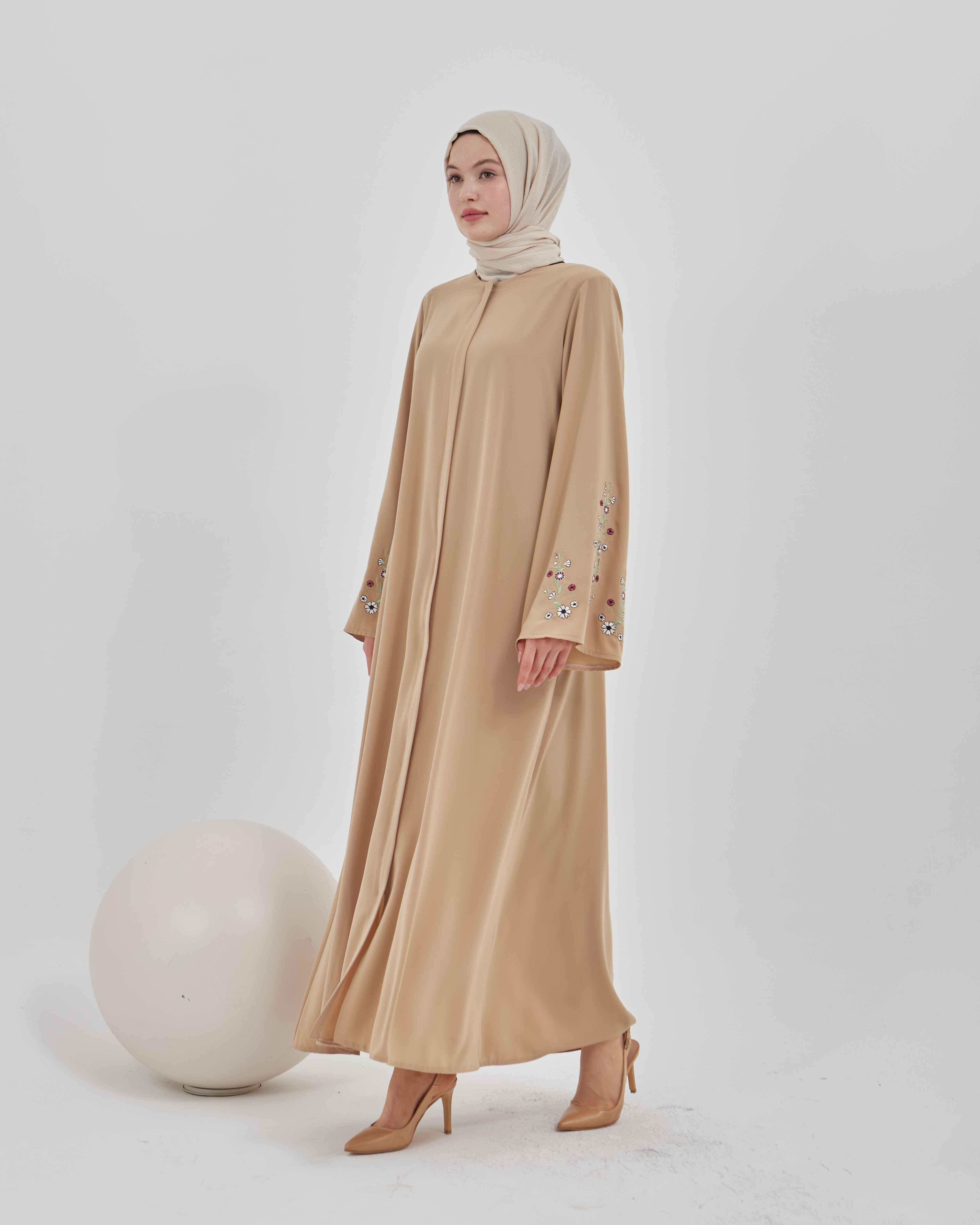 Kolları Çiçek Nakışlı Valon Kollu Ferace Vizon | 2024823