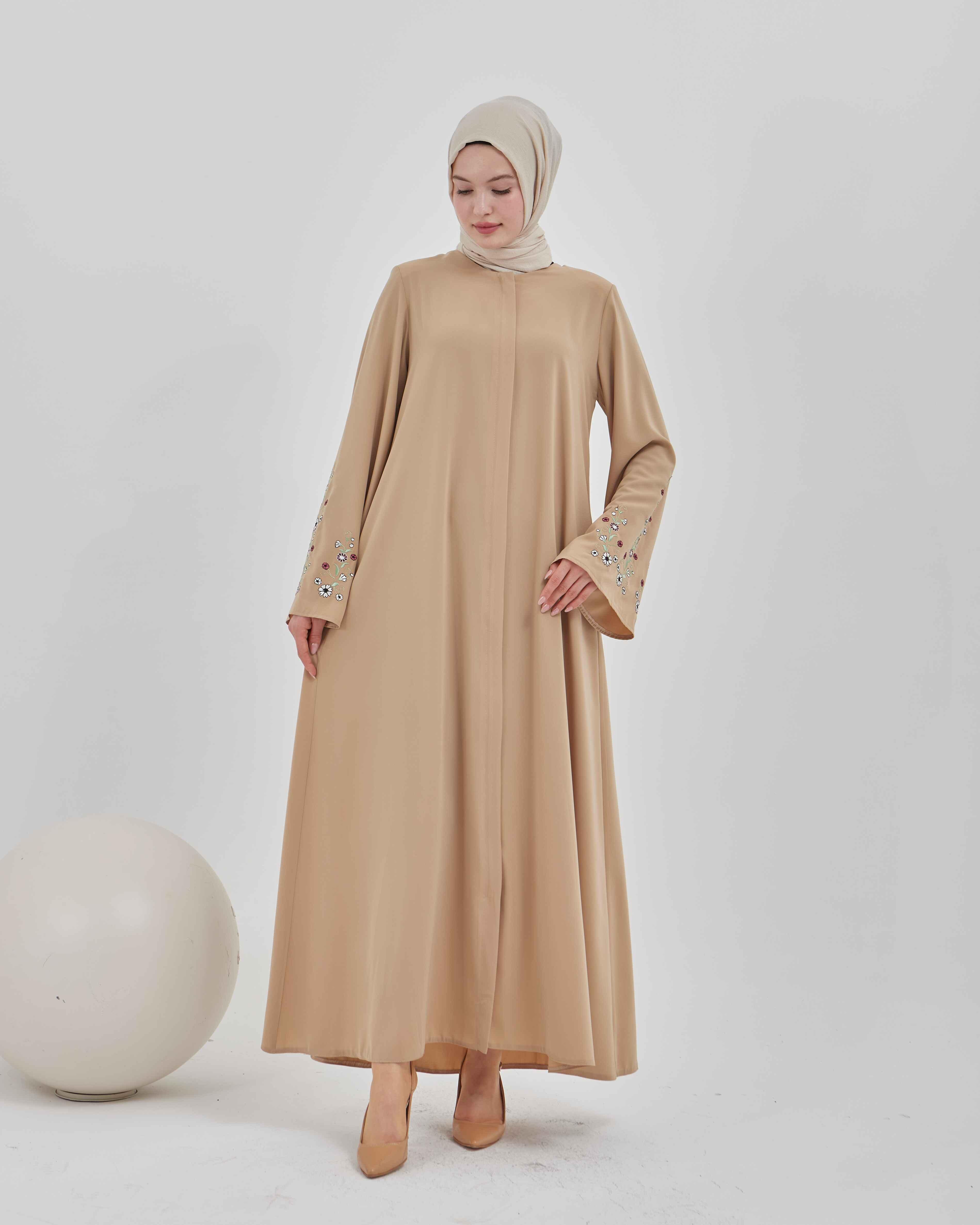 Kolları Çiçek Nakışlı Valon Kollu Ferace Vizon | 2024823