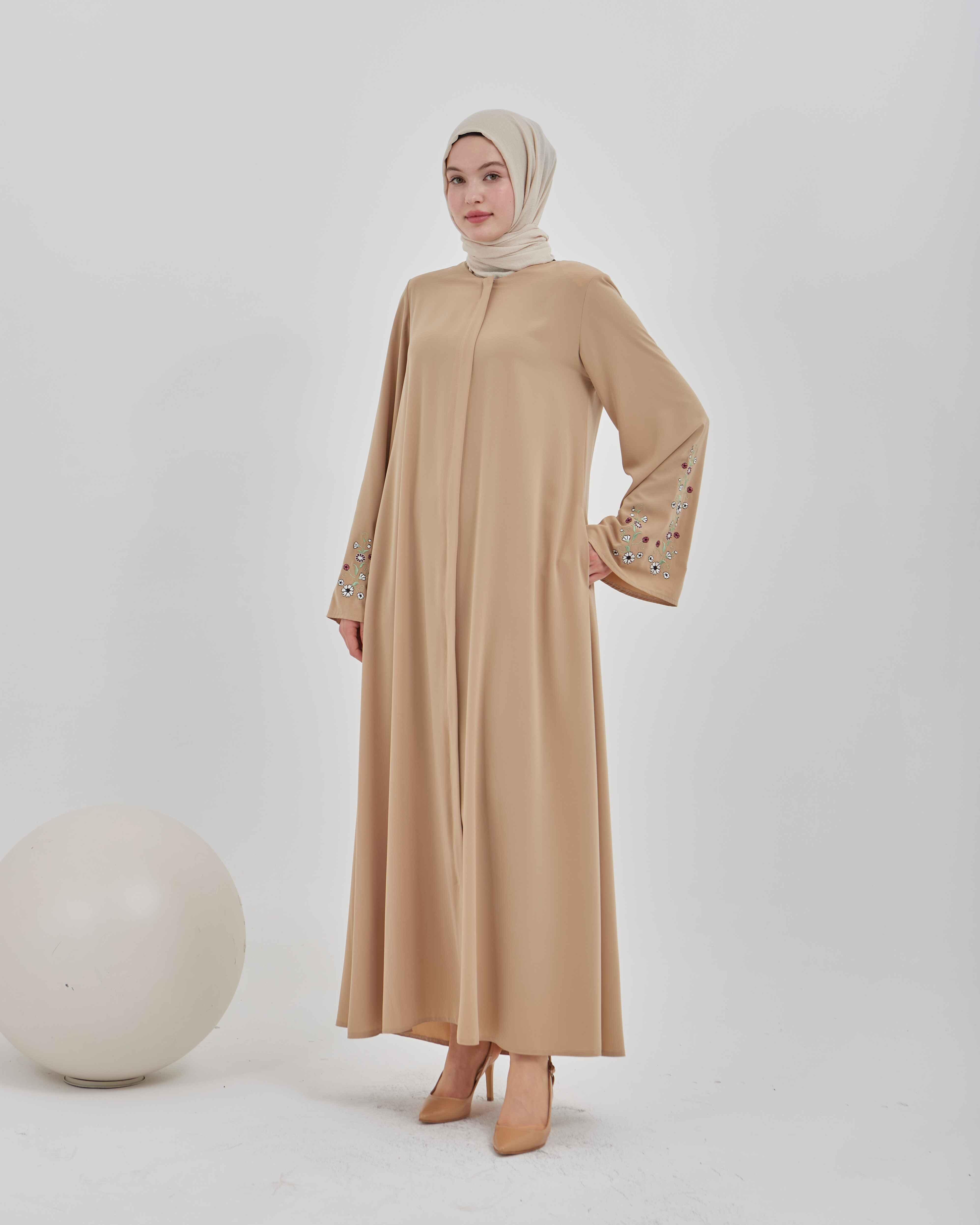 Kolları Çiçek Nakışlı Valon Kollu Ferace Vizon | 2024823