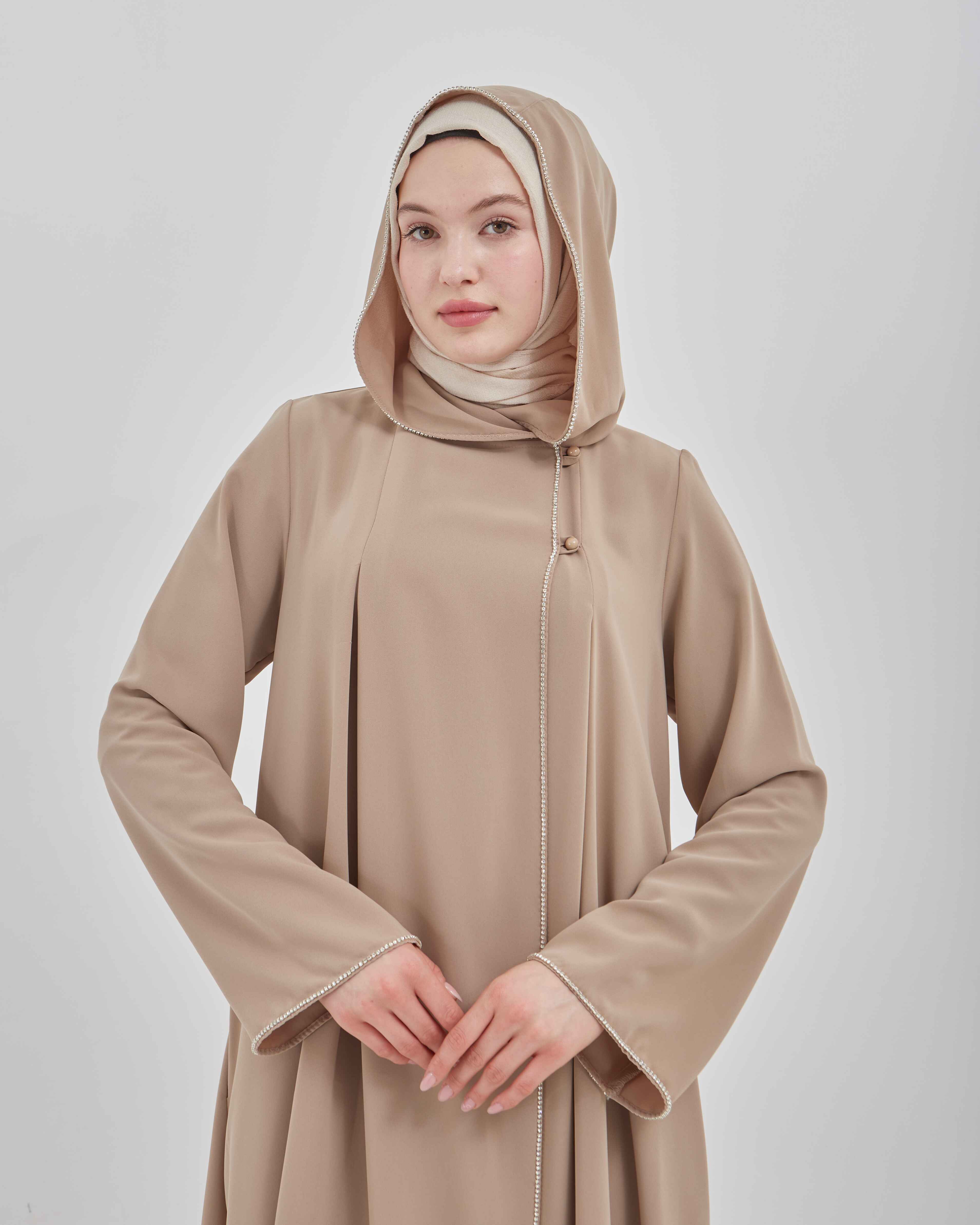 Şerit Taşlı Kapüşonlu Abaya Ferace Vizon | 211423