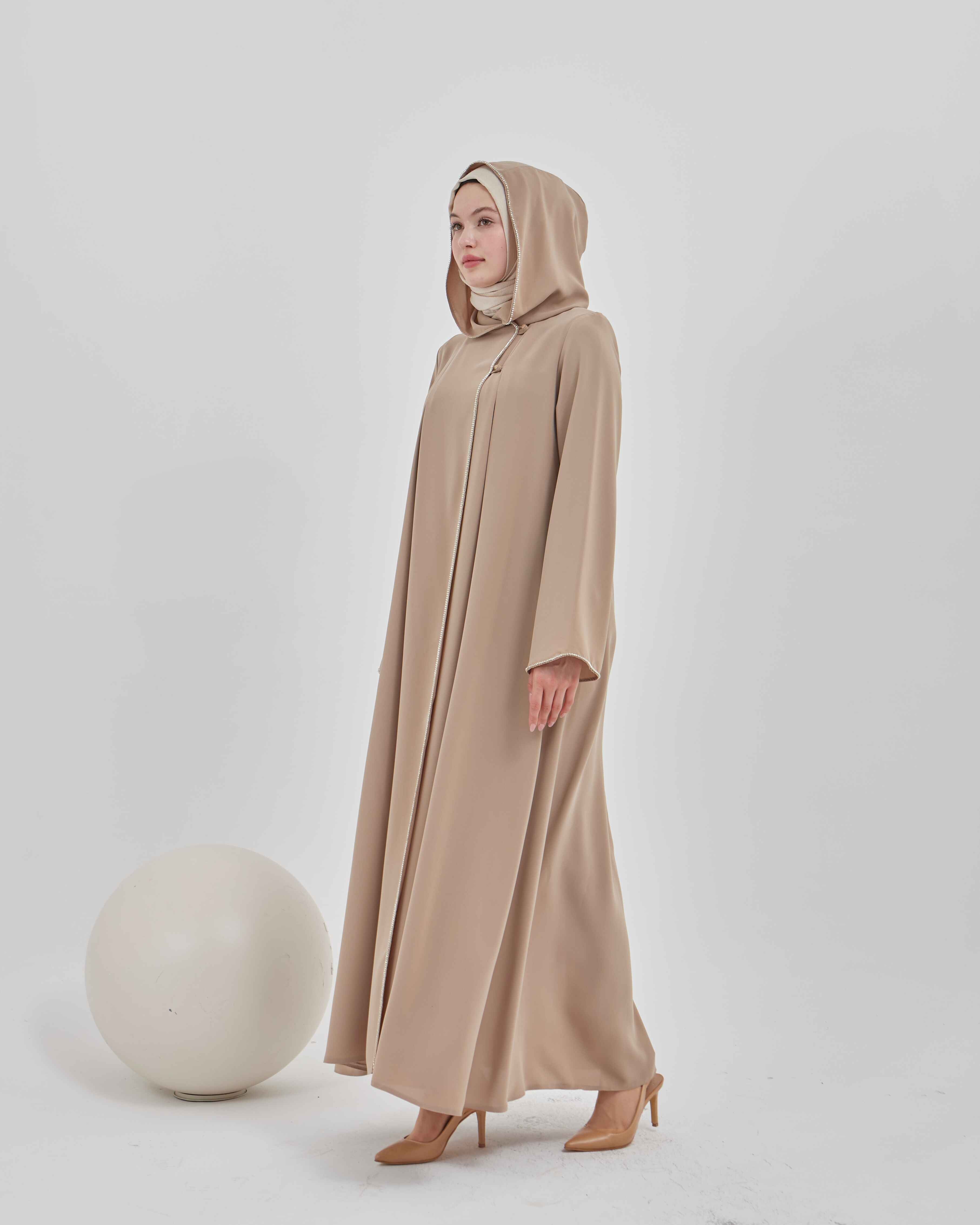 Şerit Taşlı Kapüşonlu Abaya Ferace Vizon | 211423
