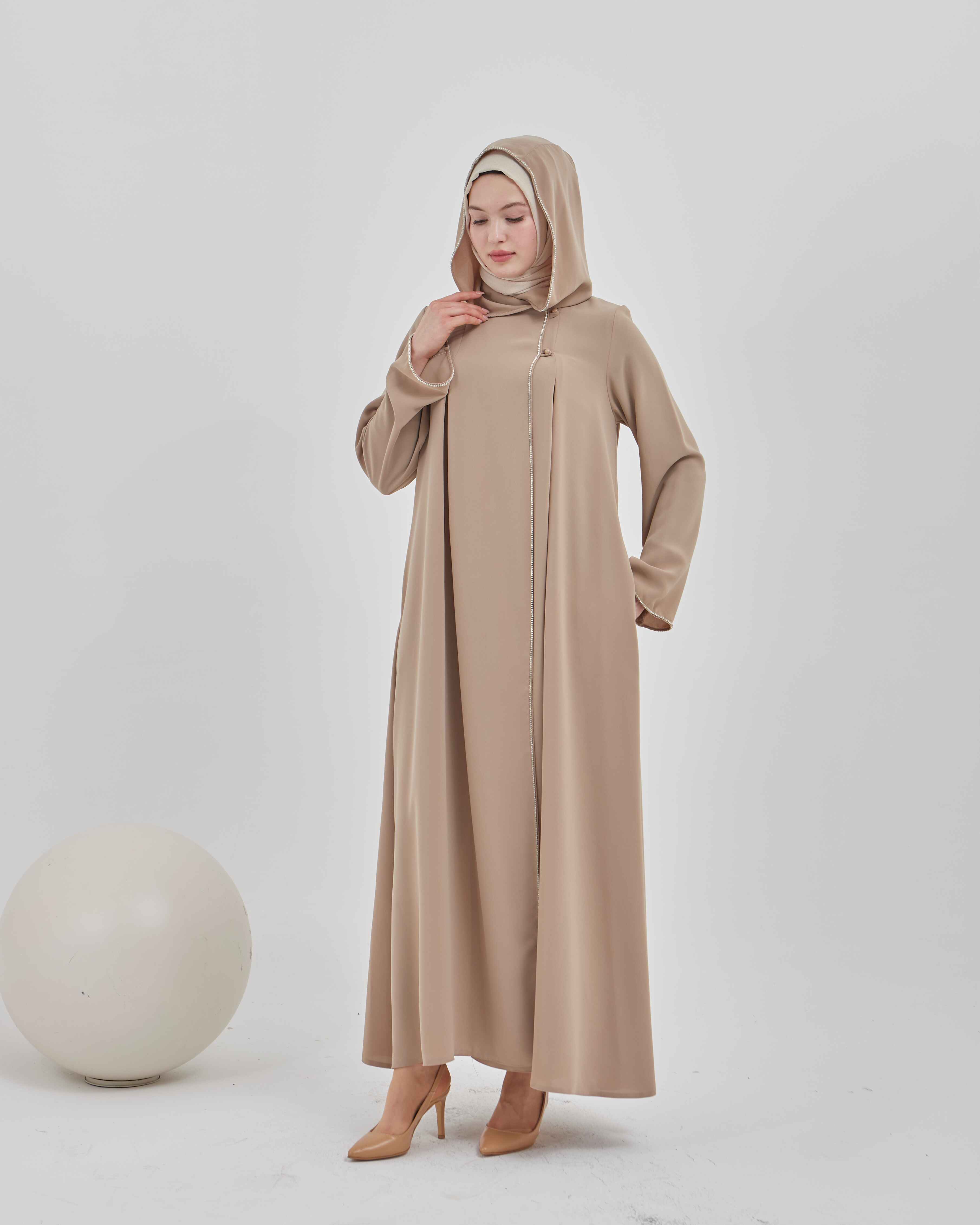 Şerit Taşlı Kapüşonlu Abaya Ferace Vizon | 211423