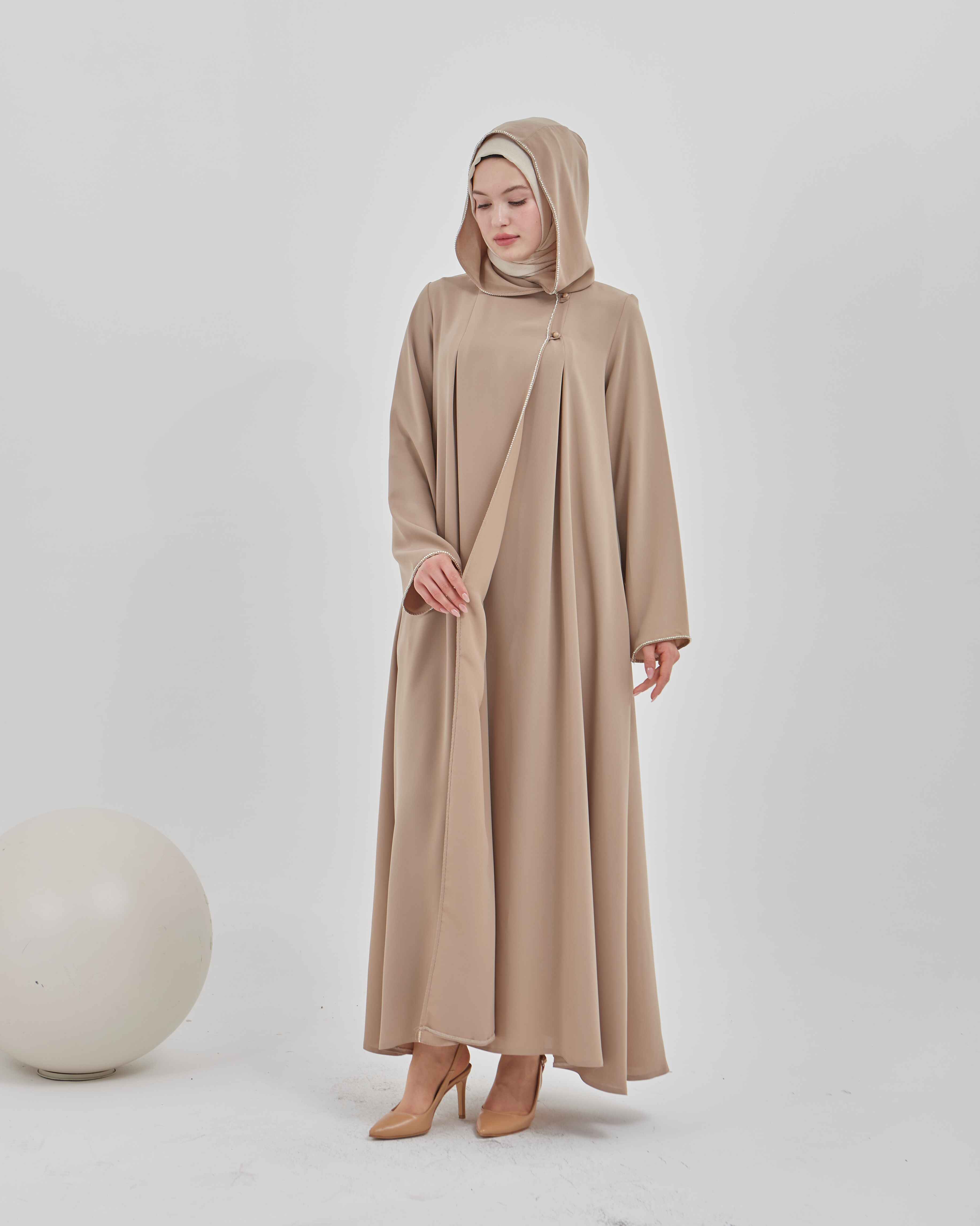 Şerit Taşlı Kapüşonlu Abaya Ferace Vizon | 211423