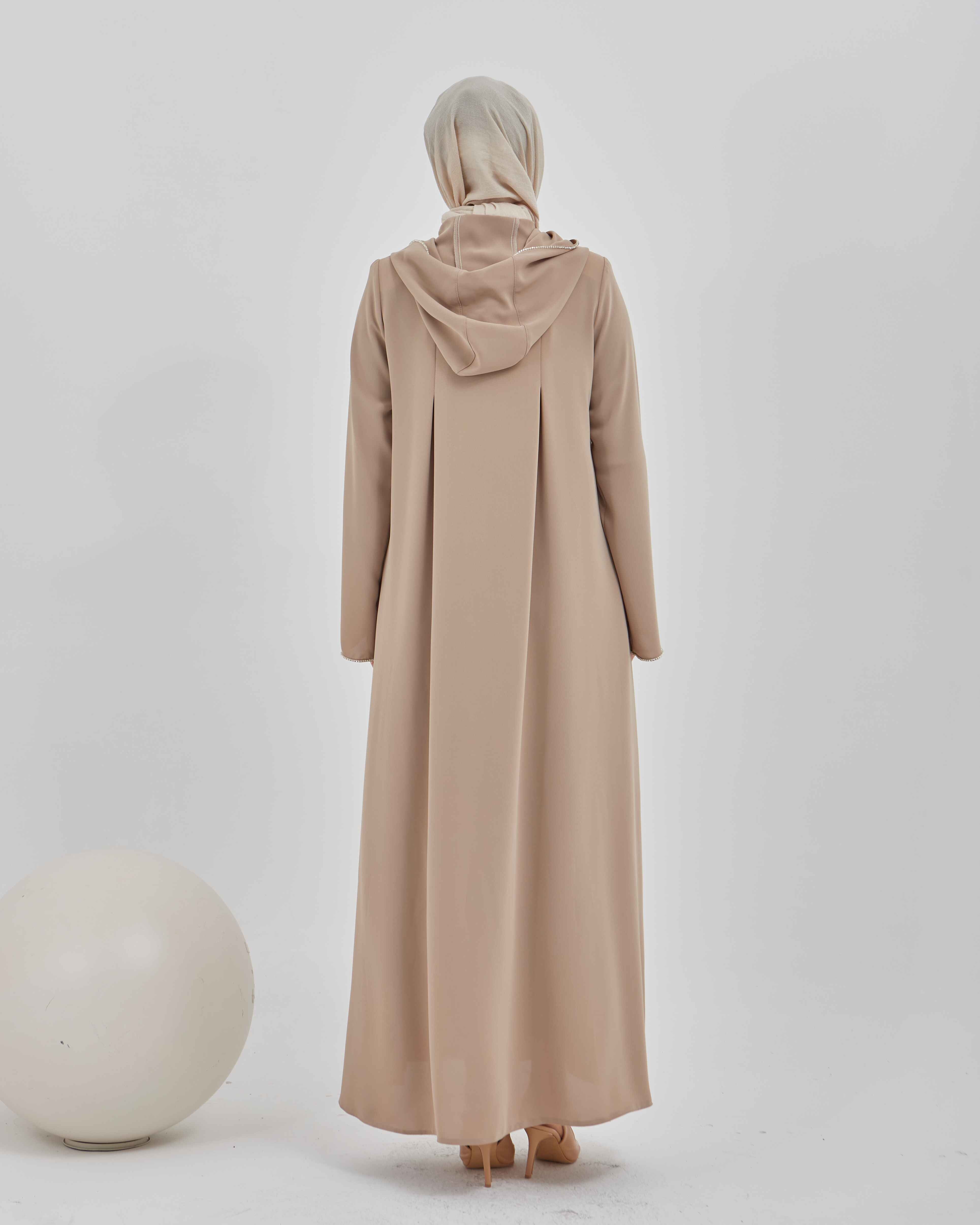 Şerit Taşlı Kapüşonlu Abaya Ferace Vizon | 211423